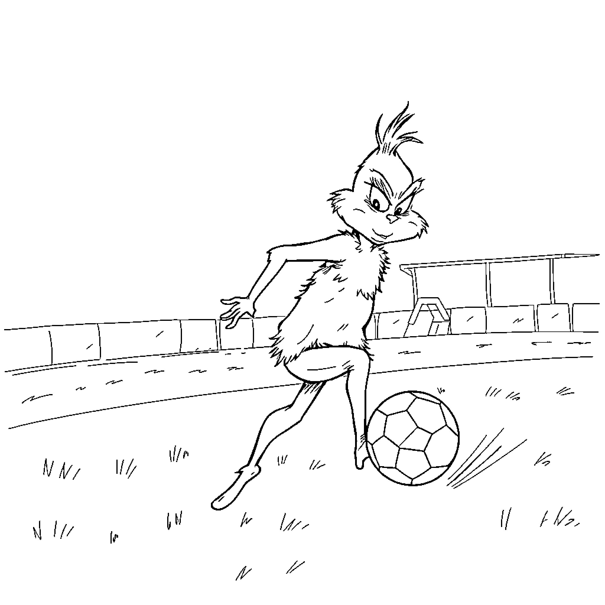 Grinch playing soccer on the field Coloring Page (free black-and-white line drawing printable PDF for all, from beginners to advanced learners, including children, teens, adults, and seniors)