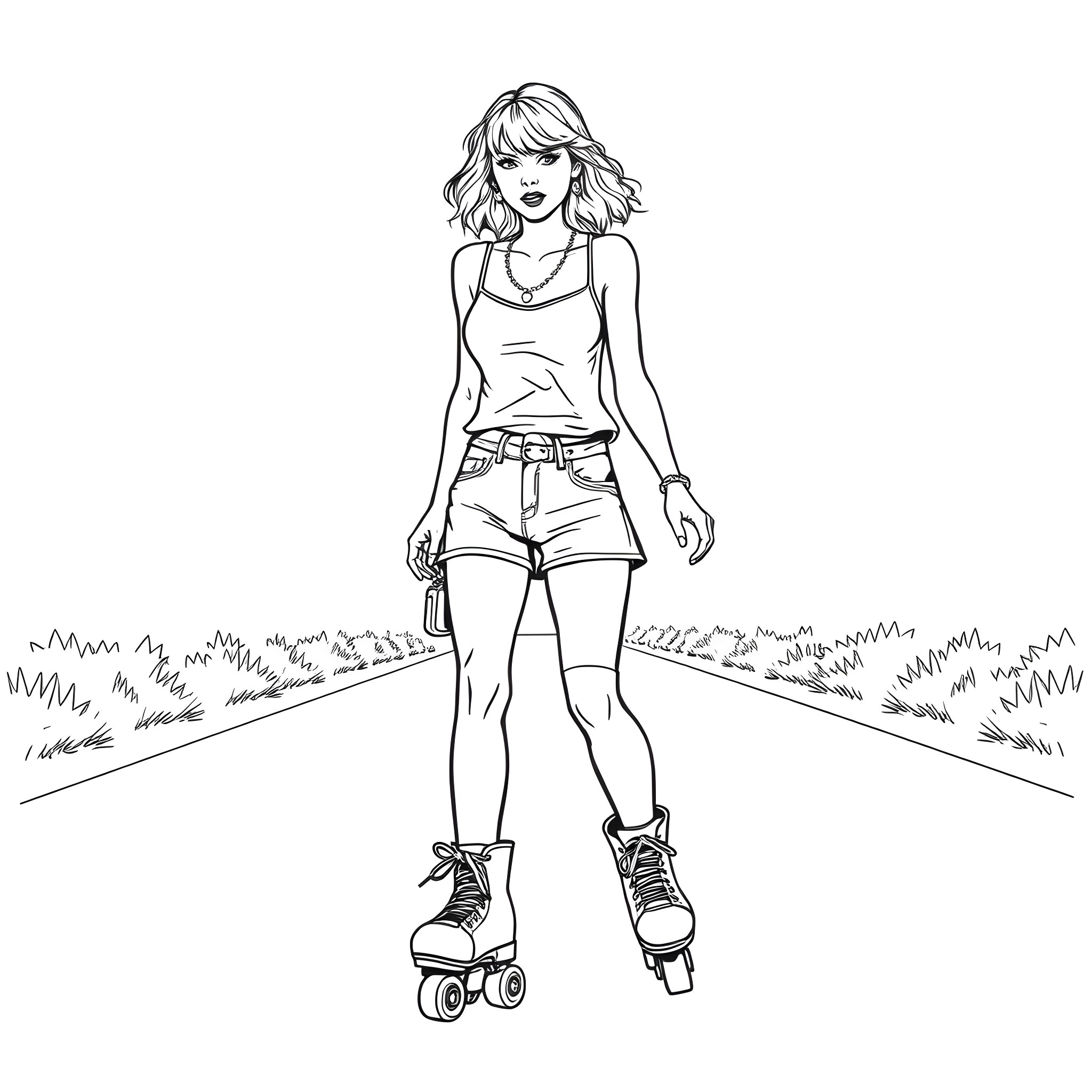 Taylor Swift roller skating in the countryside Coloring Page (free black-and-white line drawing printable PDF for all, from beginners to advanced learners, including children, teens, adults, and seniors)