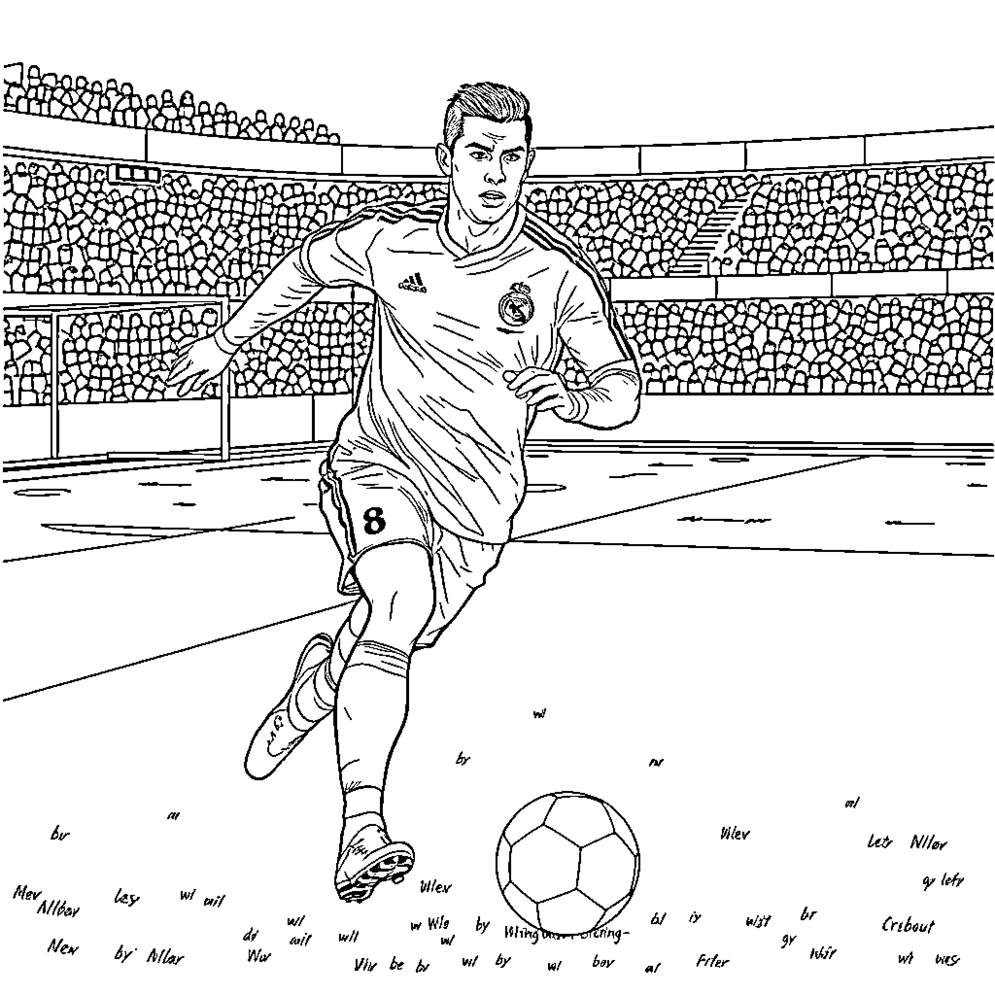 Cristiano Ronaldo playing football in the stadium Coloring Page (free black-and-white line drawing printable PDF for all, from beginners to advanced learners, including children, teens, adults, and seniors)