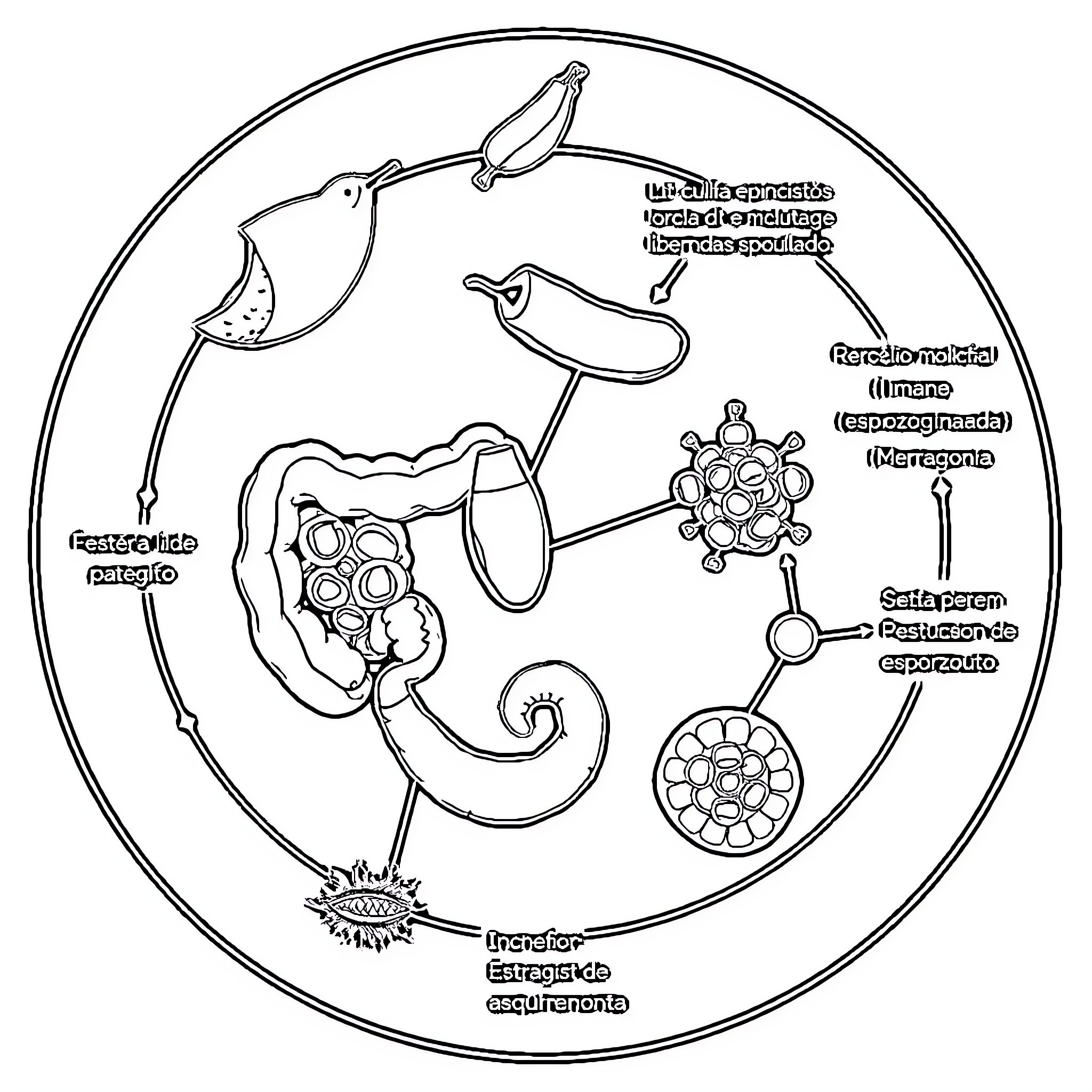 Eimeria Life Cycle Diagram Coloring Page (free black-and-white line drawing printable PDF for all, from beginners to advanced learners, including children, teens, adults, and seniors)