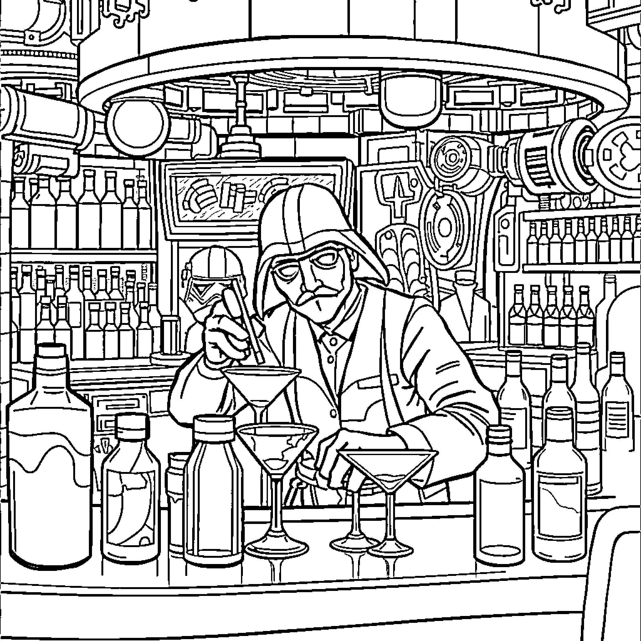 Bartender serving drinks in a futuristic bar Coloring Page (free black-and-white line drawing printable PDF for all, from beginners to advanced learners, including children, teens, adults, and seniors)