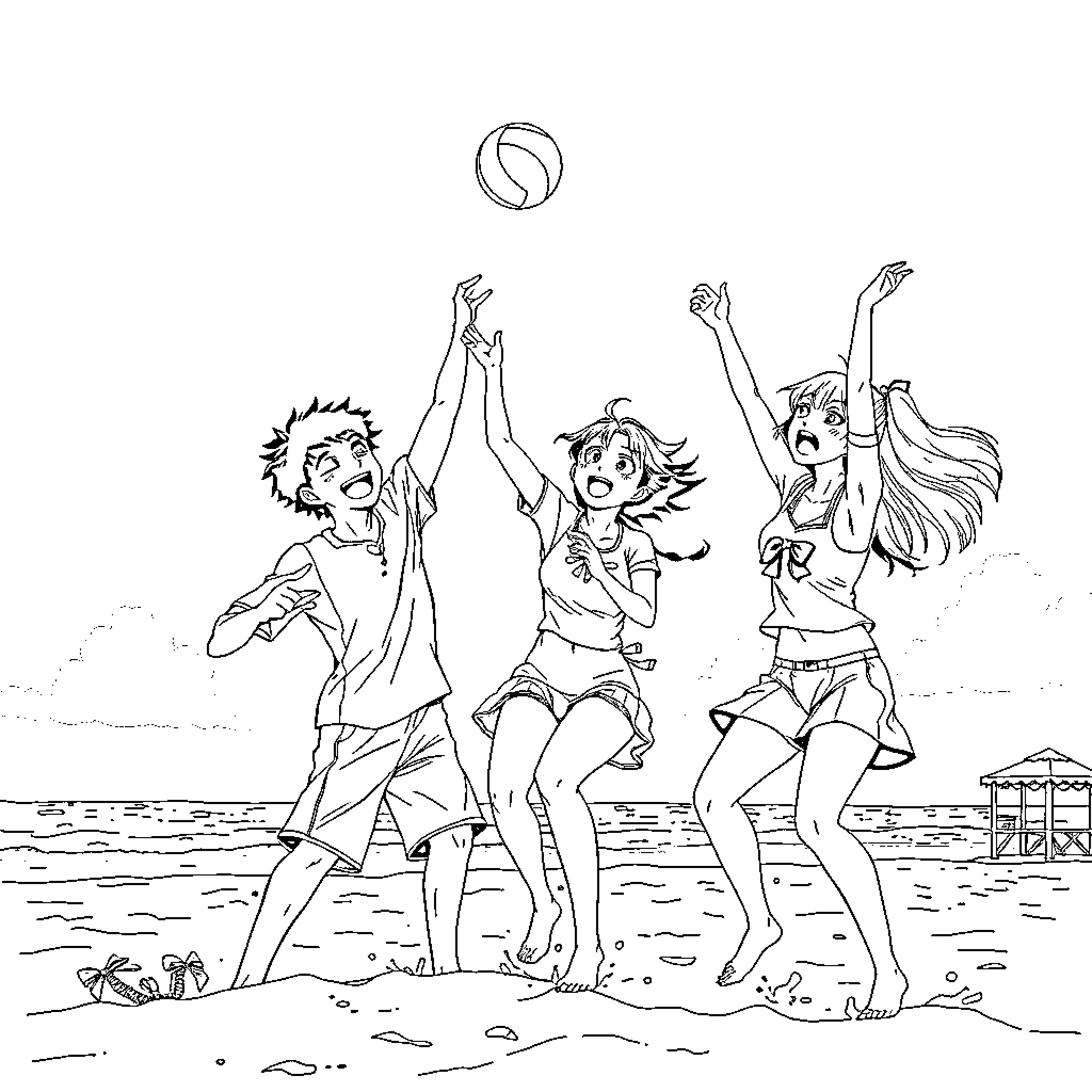 Jujutsu Kaisen characters playing beach volleyball Coloring Page (free black-and-white line drawing printable PDF for all, from beginners to advanced learners, including children, teens, adults, and seniors)