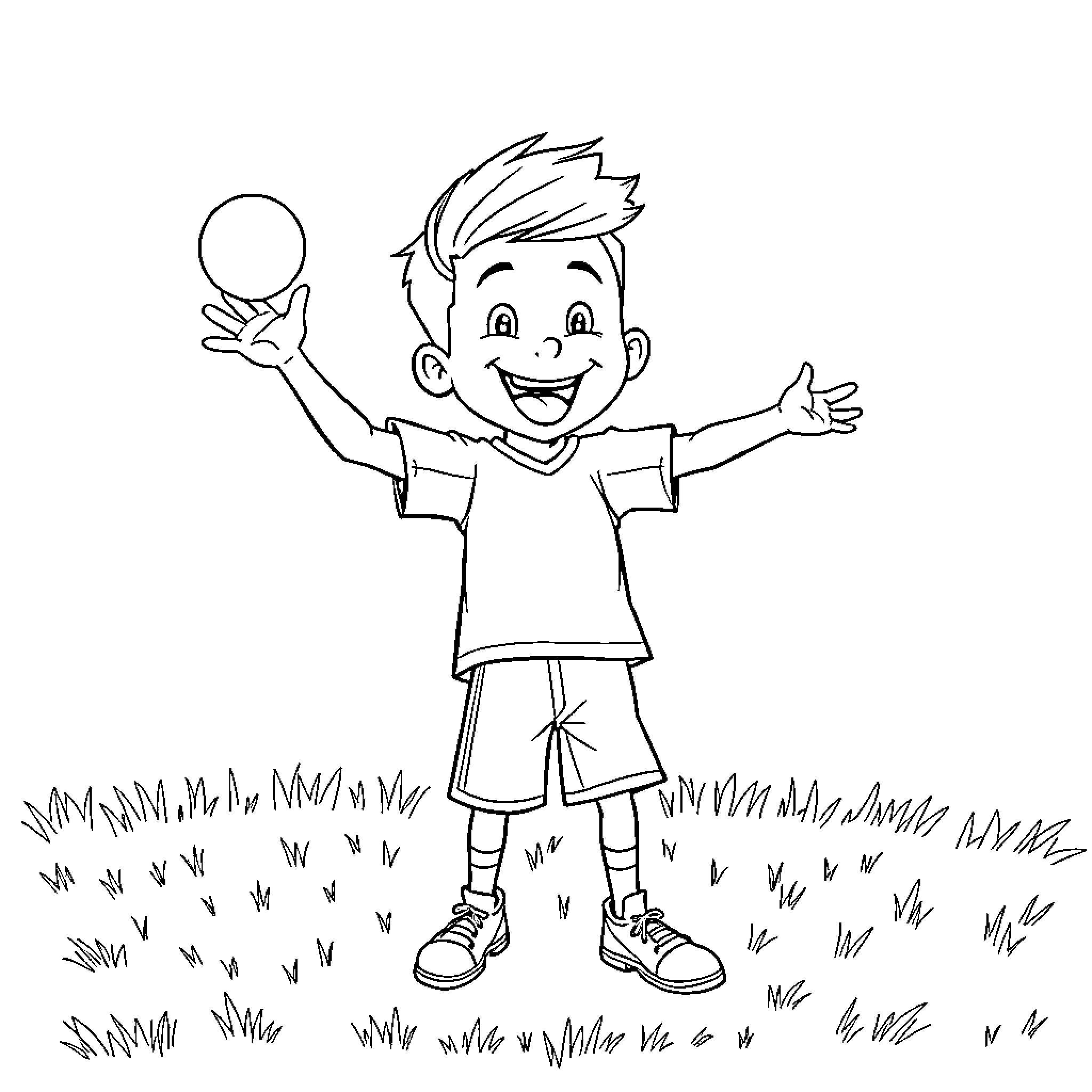 Ryan Harding plays happily with a ball in the park Coloring Page (free black-and-white line drawing printable PDF for all, from beginners to advanced learners, including children, teens, adults, and seniors)