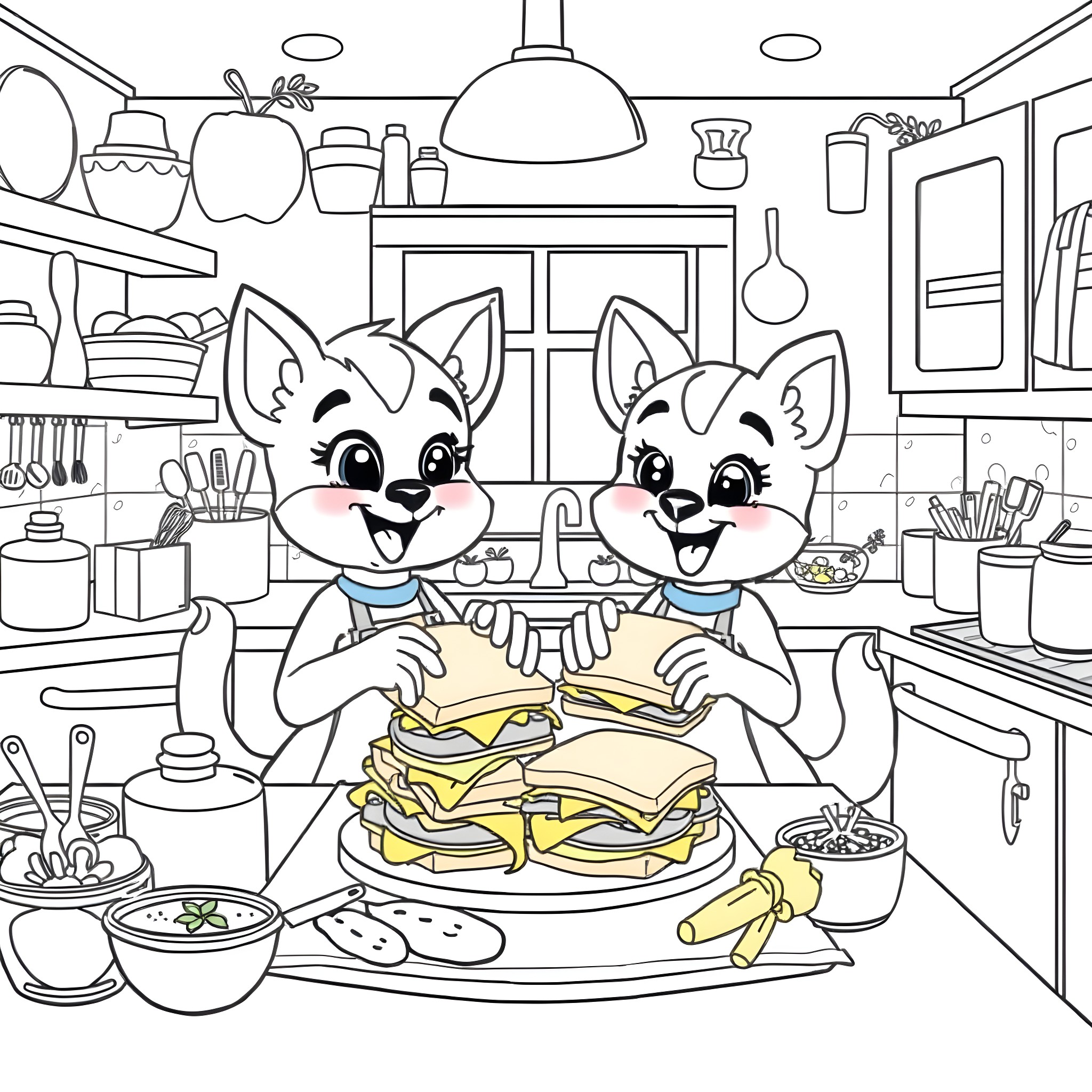 Gabby and Friend Enjoying Tasty Treats in the Kitchen Coloring Page (free black-and-white line drawing printable PDF for all, from beginners to advanced learners, including children, teens, adults, and seniors)