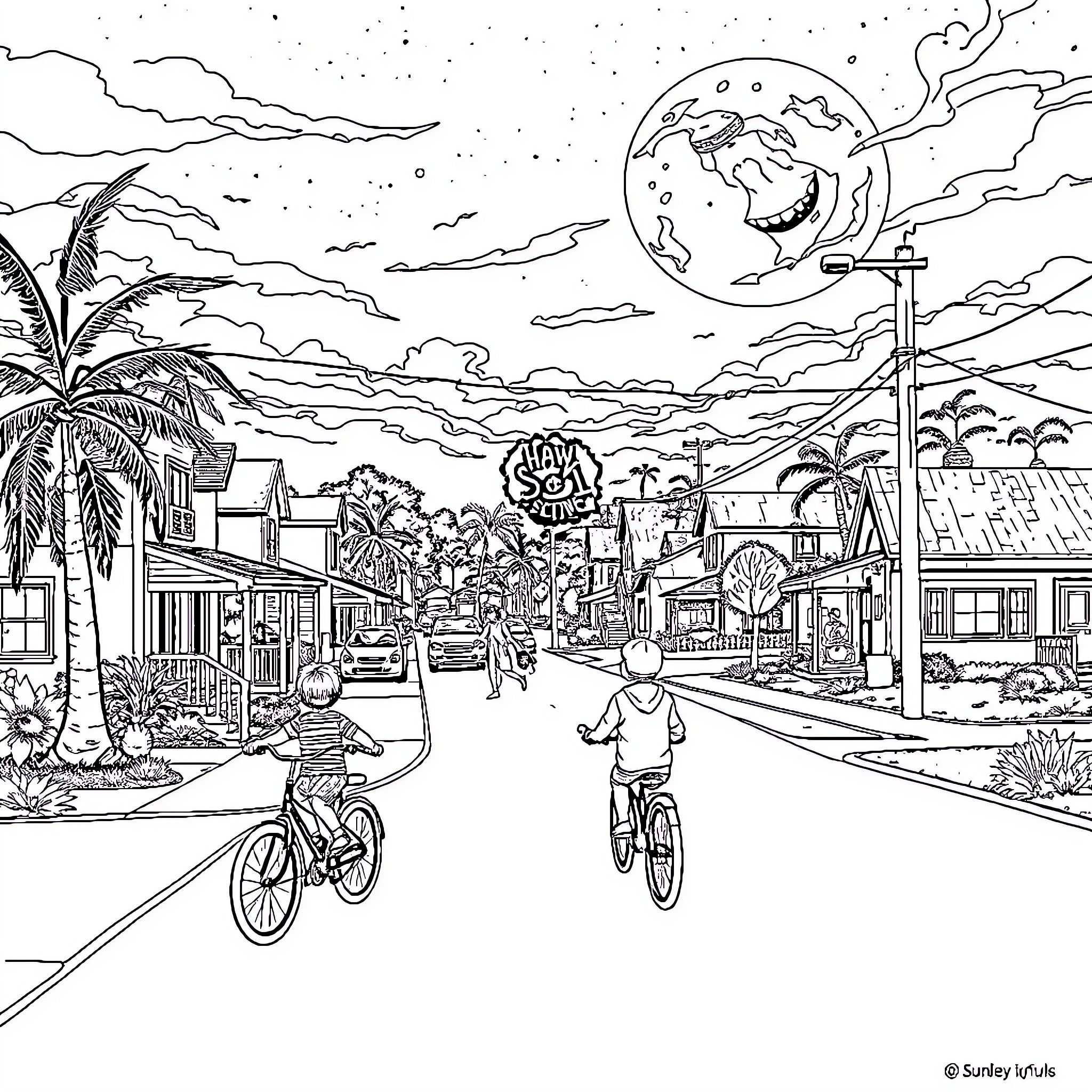 Once upon a night, a town awakens with bicycles Coloring Page (free black-and-white line drawing printable PDF for all, from beginners to advanced learners, including children, teens, adults, and seniors)