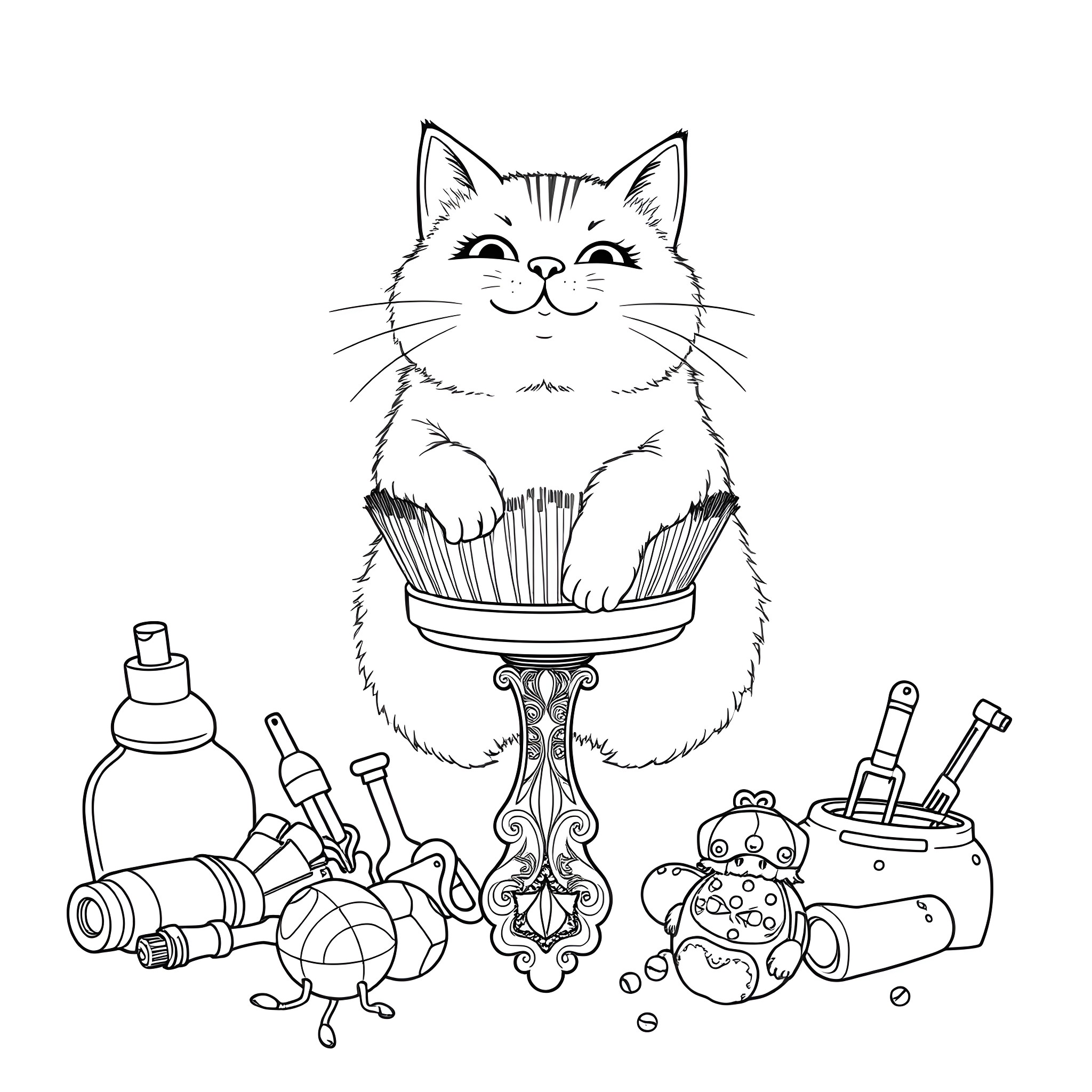 Cat sitting on decorative stool with art supplies Coloring Page (free black-and-white line drawing printable PDF for all, from beginners to advanced learners, including children, teens, adults, and seniors)