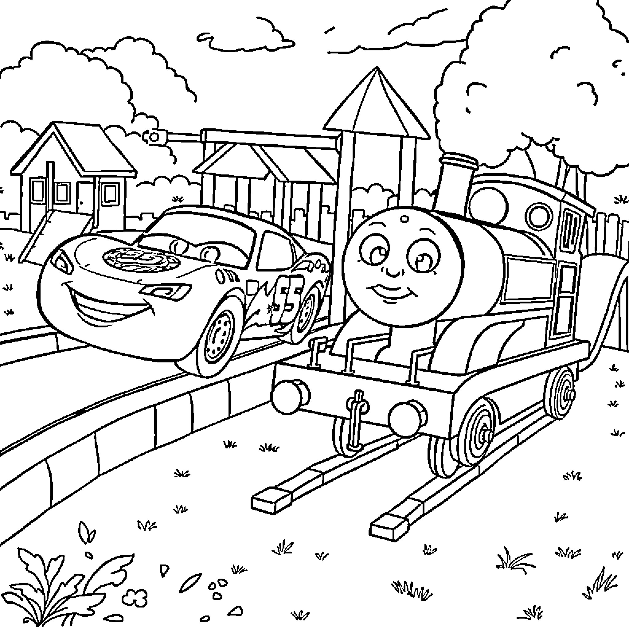 Lightning McQueen and friends explore the town happily Coloring Page (free black-and-white line drawing printable PDF for all, from beginners to advanced learners, including children, teens, adults, and seniors)
