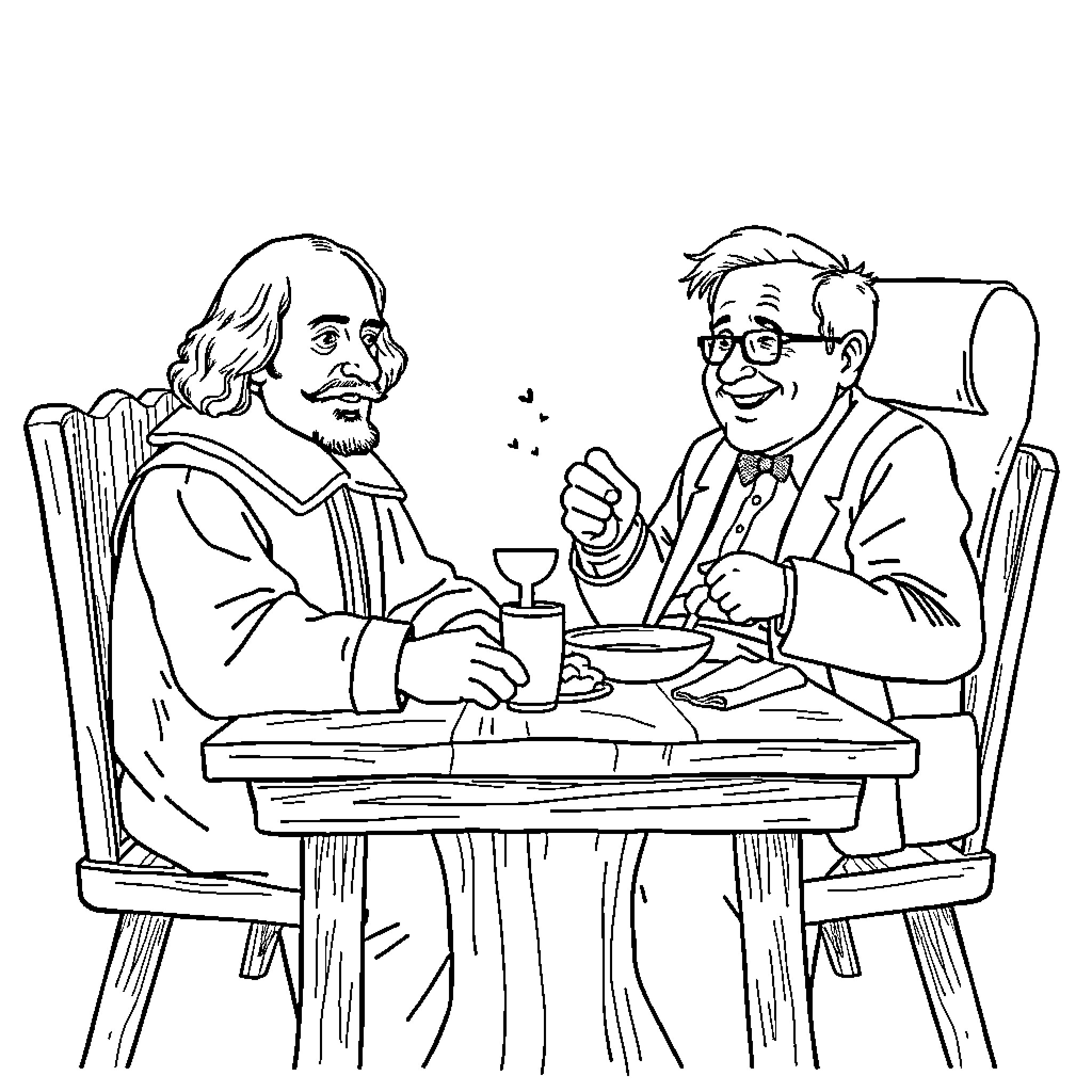 William Shakespeare dining with a contemporary author Coloring Page (free black-and-white line drawing printable PDF for all, from beginners to advanced learners, including children, teens, adults, and seniors)