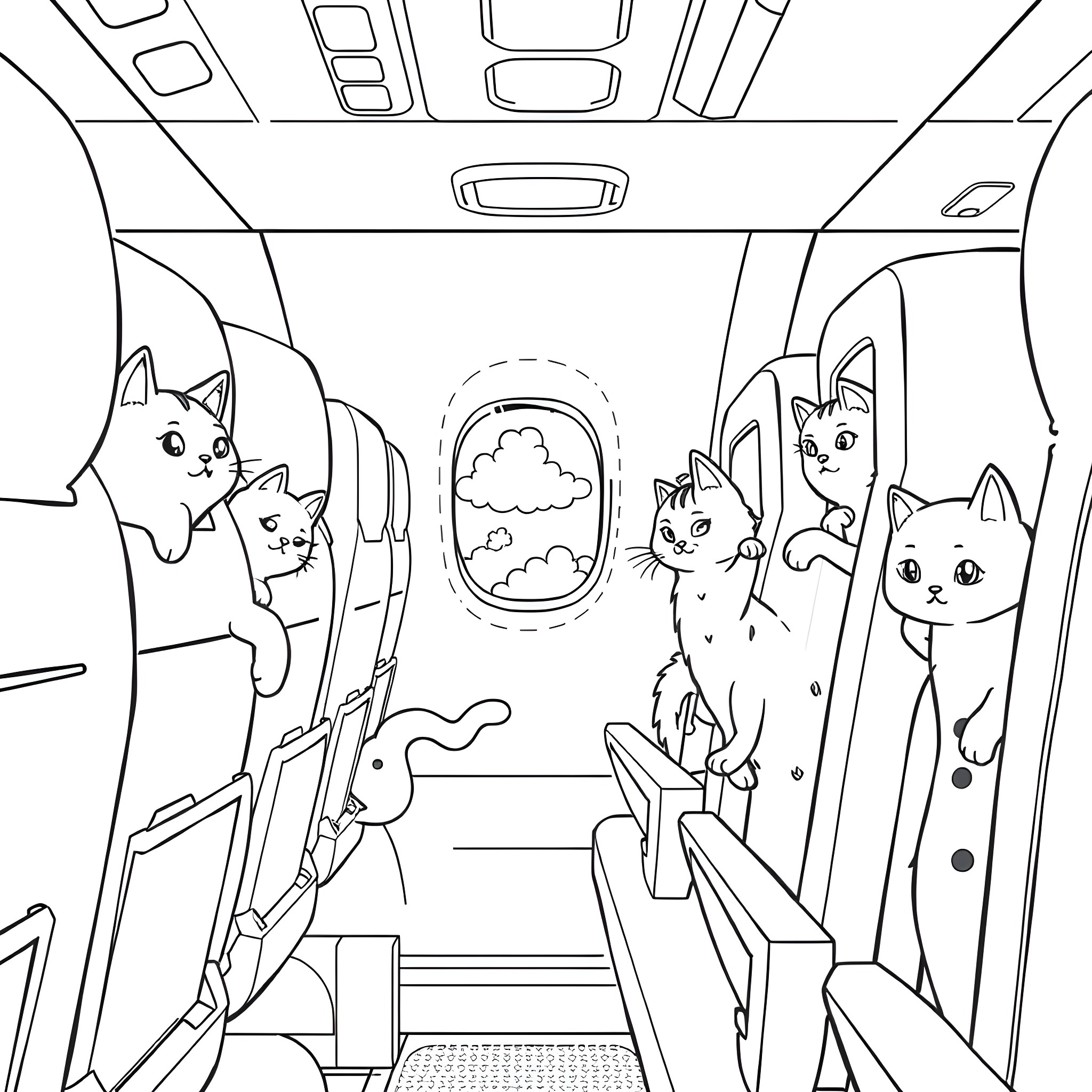 Cats exploring the interior of an aircraft Coloring Page (free black-and-white line drawing printable PDF for all, from beginners to advanced learners, including children, teens, adults, and seniors)