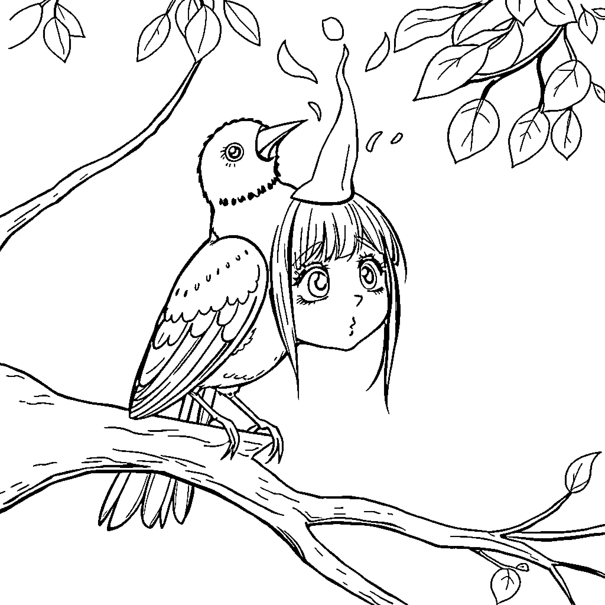 Bird and girl interact in nature Coloring Page (free black-and-white line drawing printable PDF for all, from beginners to advanced learners, including children, teens, adults, and seniors)