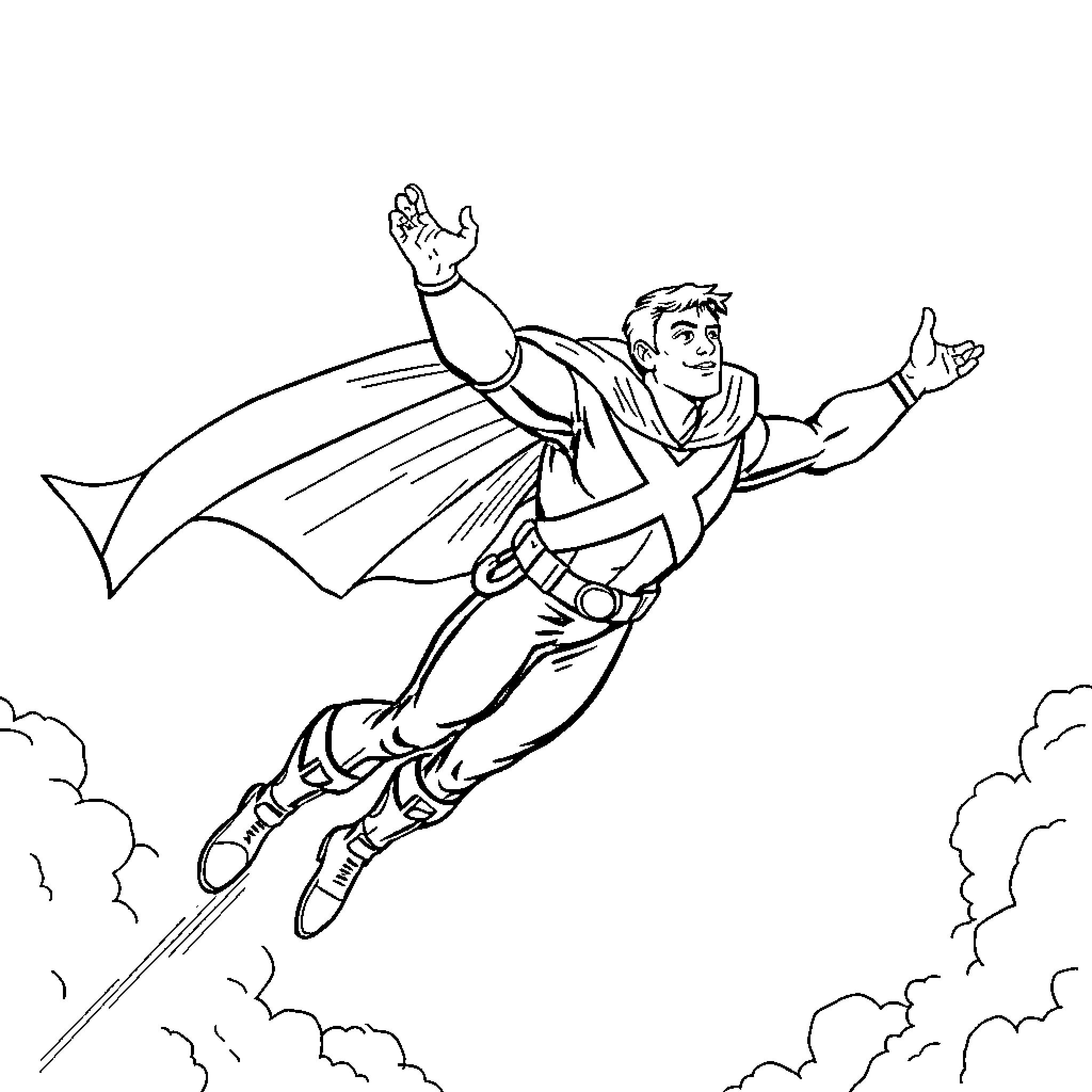 Flying Scotsman soaring heroically through the sky Coloring Page (free black-and-white line drawing printable PDF for all, from beginners to advanced learners, including children, teens, adults, and seniors)