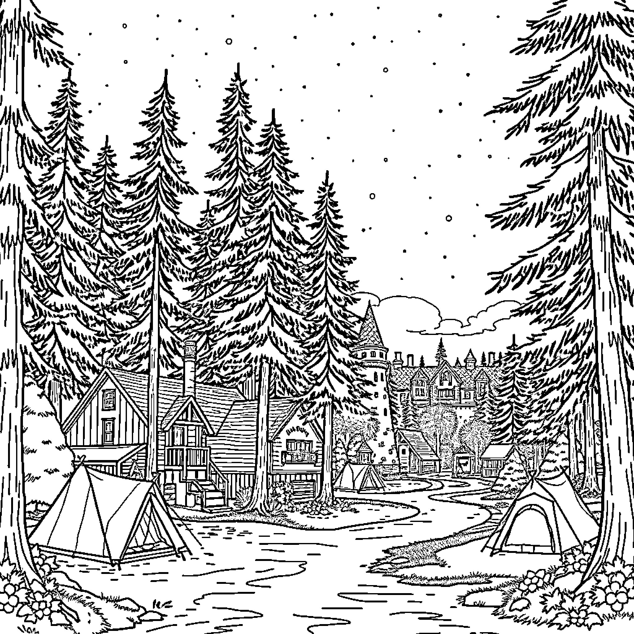 Disney Winter Wonderland Camping Adventure Coloring Page (free black-and-white line drawing printable PDF for all, from beginners to advanced learners, including children, teens, adults, and seniors)