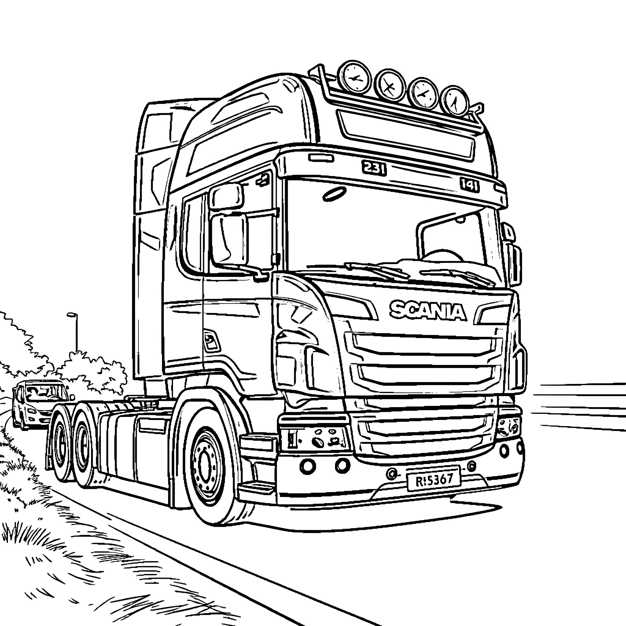 Scania Heavy Duty Truck on the Road Coloring Page (free black-and-white line drawing printable PDF for all, from beginners to advanced learners, including children, teens, adults, and seniors)