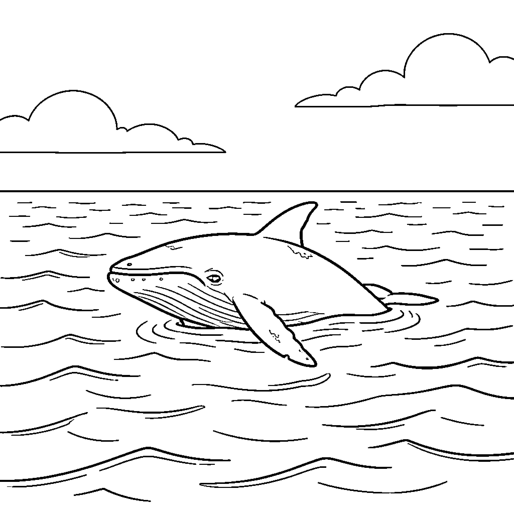 Whale swimming in the ocean Coloring Page (free black-and-white line drawing printable PDF for all, from beginners to advanced learners, including children, teens, adults, and seniors)