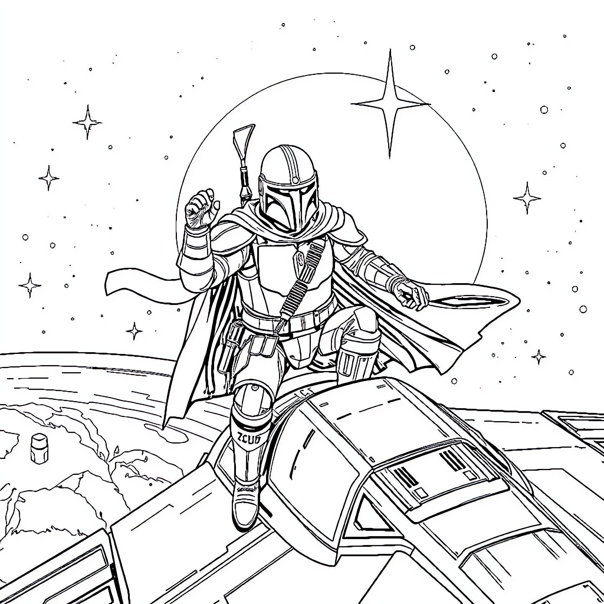 Mandalorian warrior in action on a distant planet Coloring Page (free black-and-white line drawing printable PDF for all, from beginners to advanced learners, including children, teens, adults, and seniors)