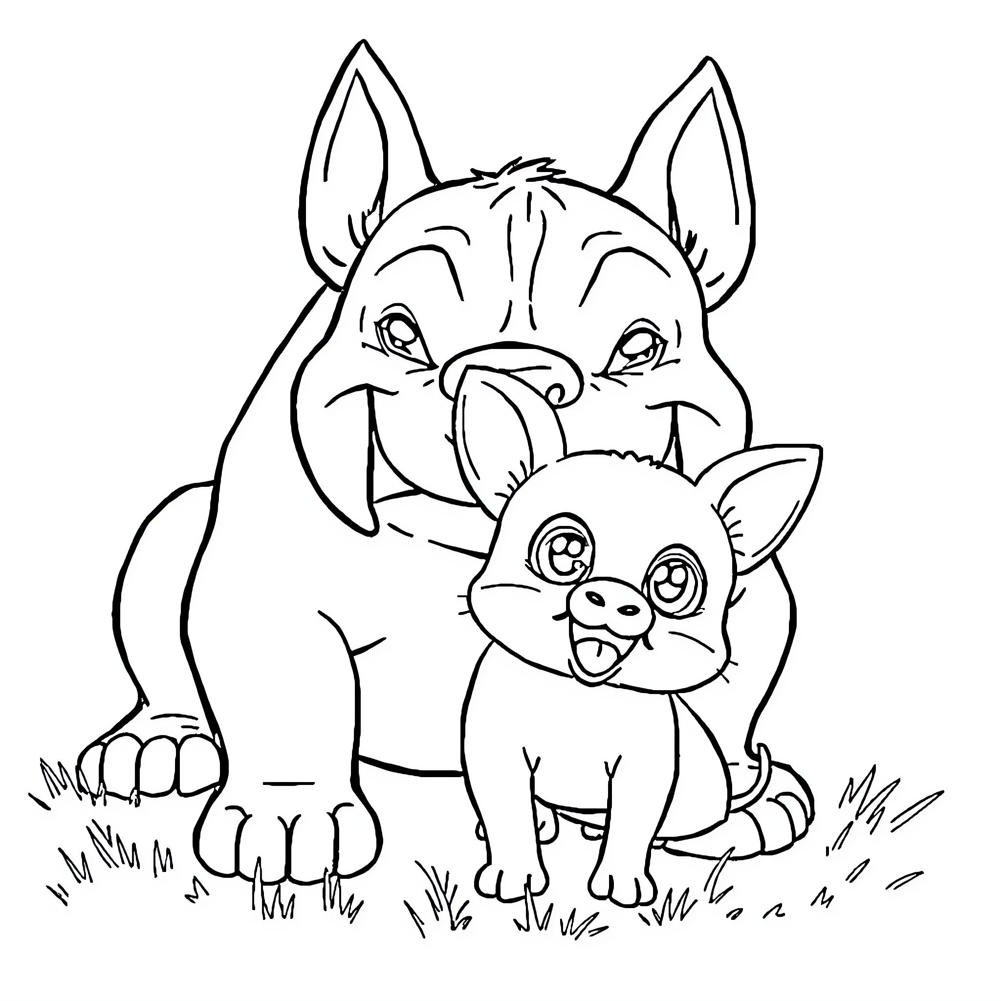 Bully Pocket Dogs Playing in the Grass Coloring Page (free black-and-white line drawing printable PDF for all, from beginners to advanced learners, including children, teens, adults, and seniors)