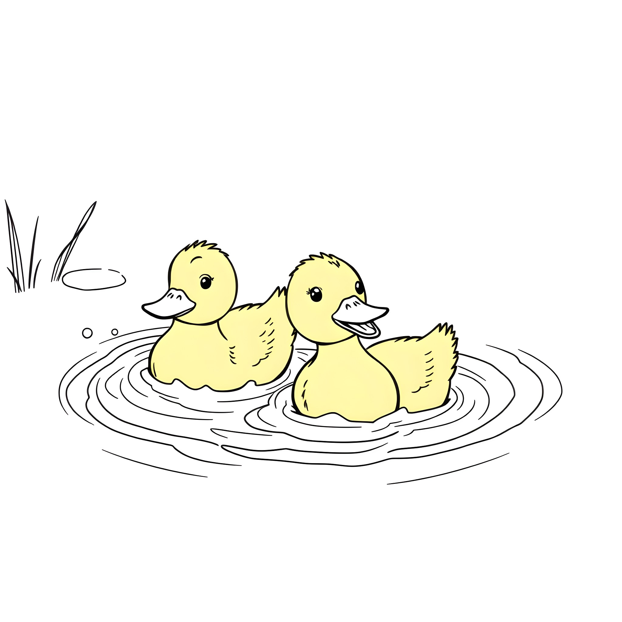 Duck Duo Floating Happily in Pond Coloring Page (free black-and-white line drawing printable PDF for all, from beginners to advanced learners, including children, teens, adults, and seniors)