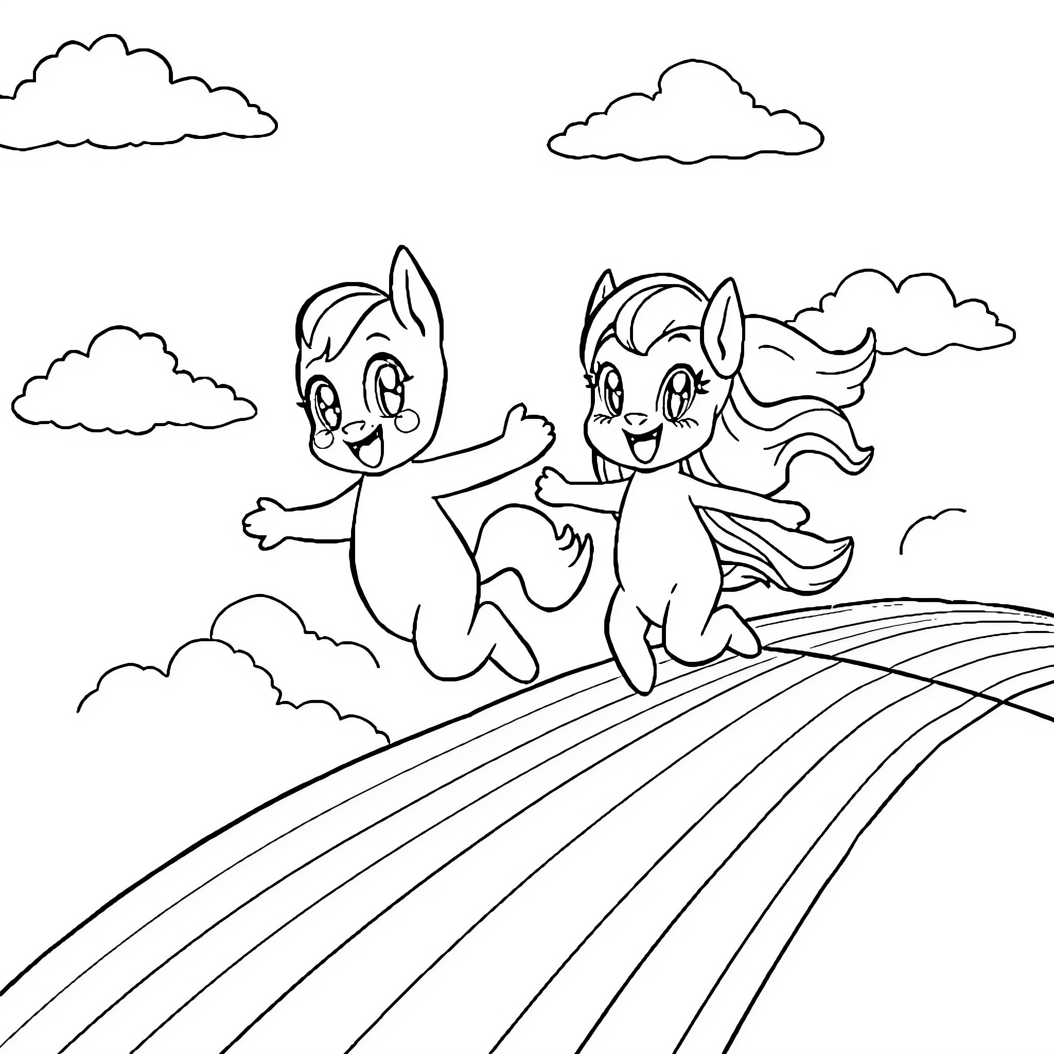 Bluey and Bingo playing in the fields Coloring Page (free black-and-white line drawing printable PDF for all, from beginners to advanced learners, including children, teens, adults, and seniors)