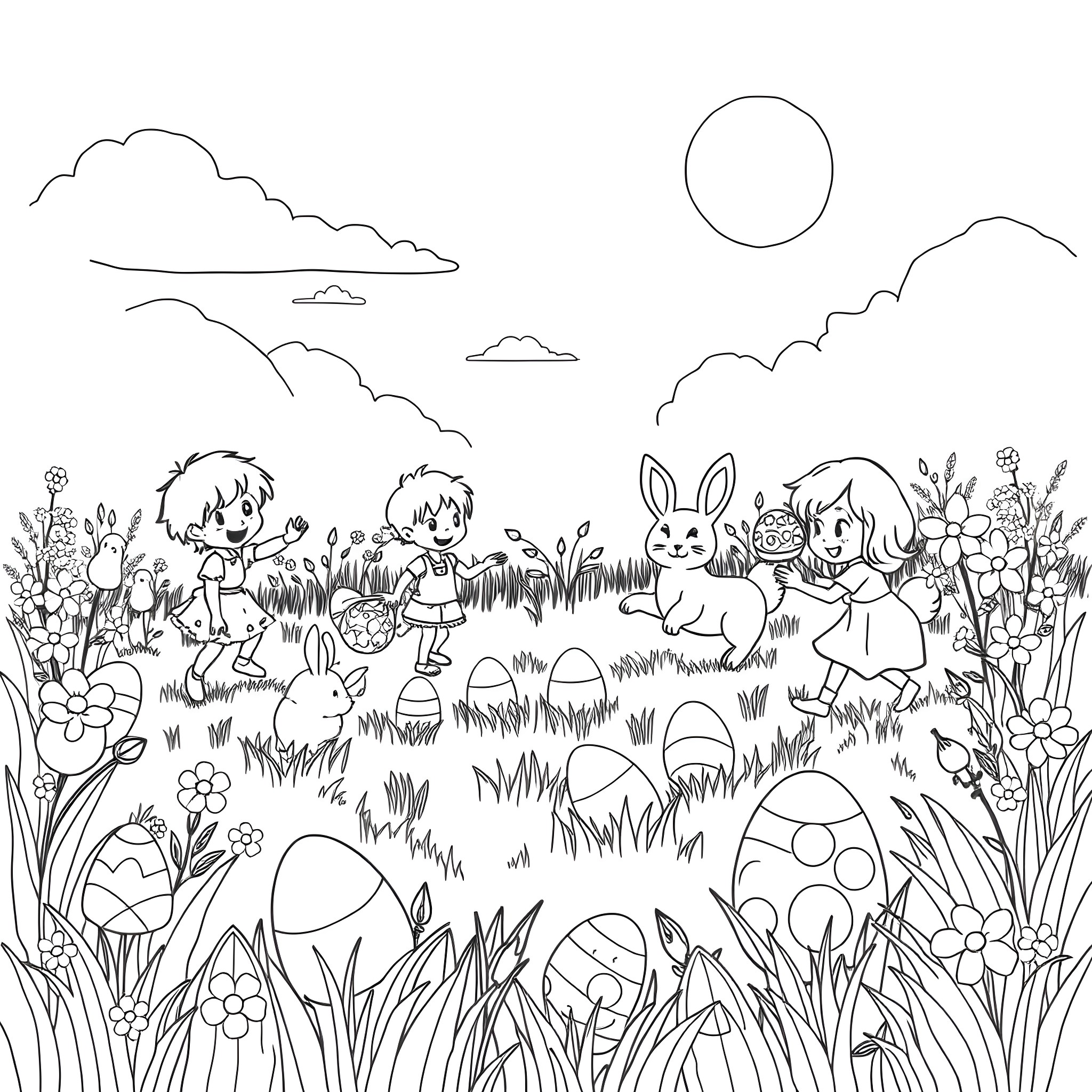 Easter Egg Hunt in the Meadow Coloring Page (free black-and-white line drawing printable PDF for all, from beginners to advanced learners, including children, teens, adults, and seniors)