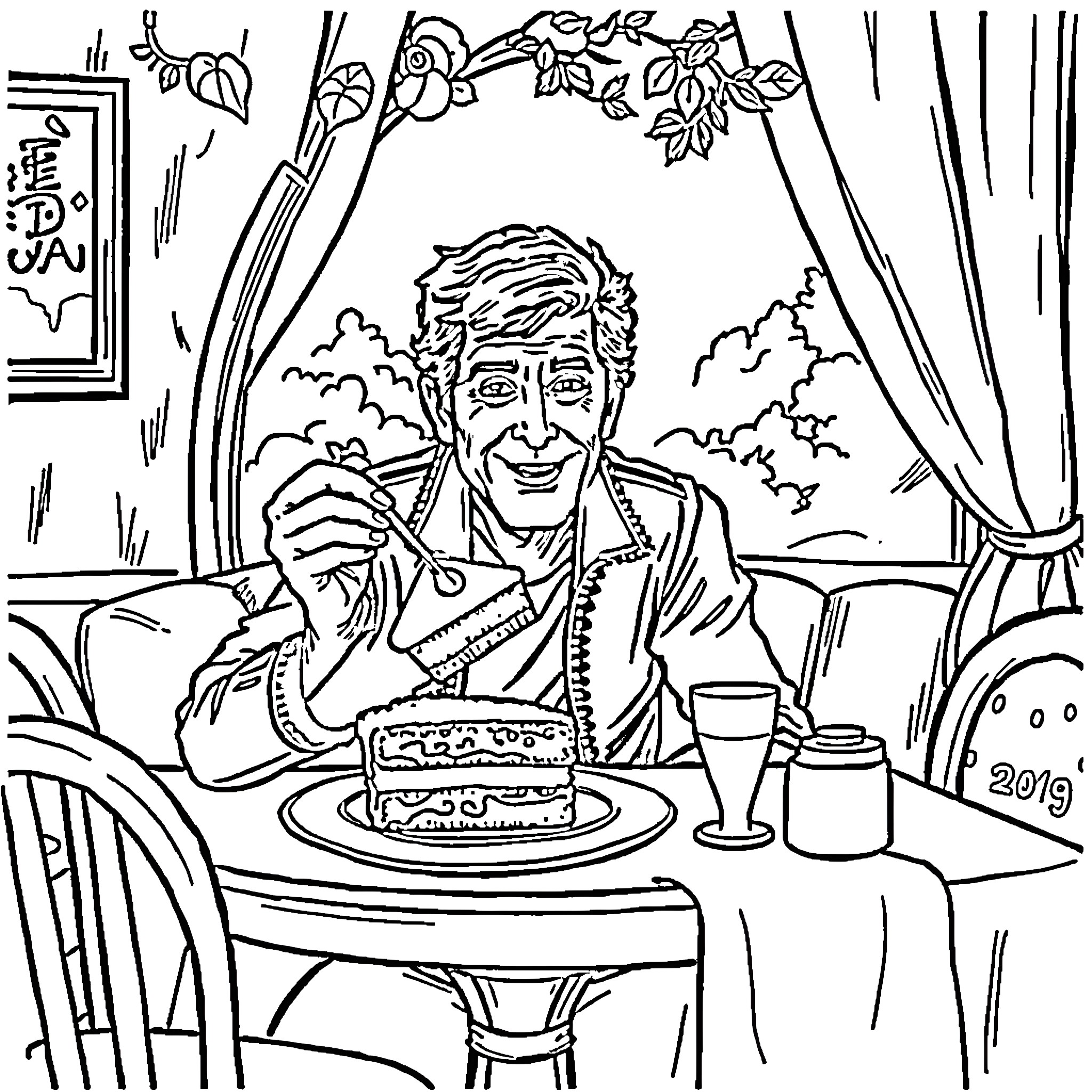 Cliff Richard enjoys a delightful birthday celebration Coloring Page (free black-and-white line drawing printable PDF for all, from beginners to advanced learners, including children, teens, adults, and seniors)