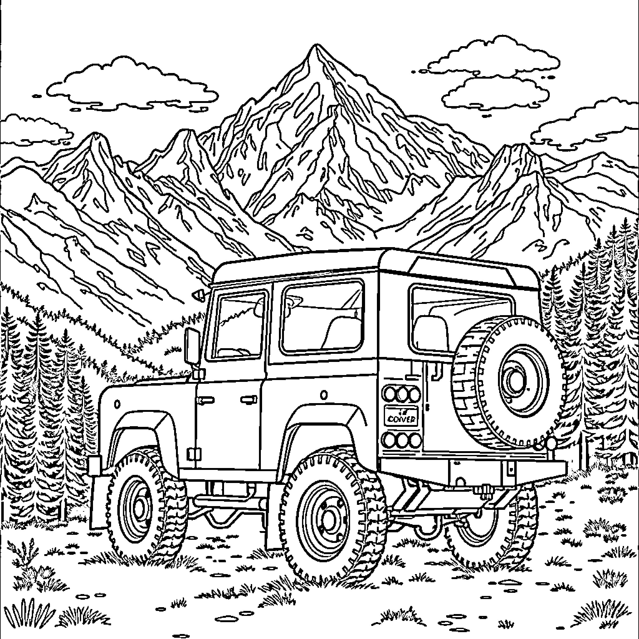 Land Rover exploring rugged mountain terrain Coloring Page (free black-and-white line drawing printable PDF for all, from beginners to advanced learners, including children, teens, adults, and seniors)