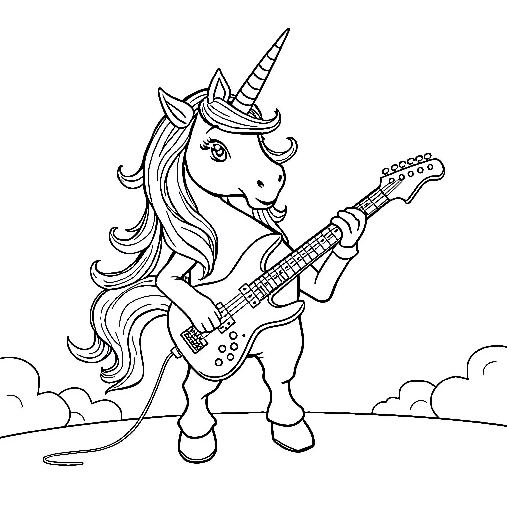 Unicorn Playing Electric Guitar in the Sky Coloring Page (free black-and-white line drawing printable PDF for all, from beginners to advanced learners, including children, teens, adults, and seniors)