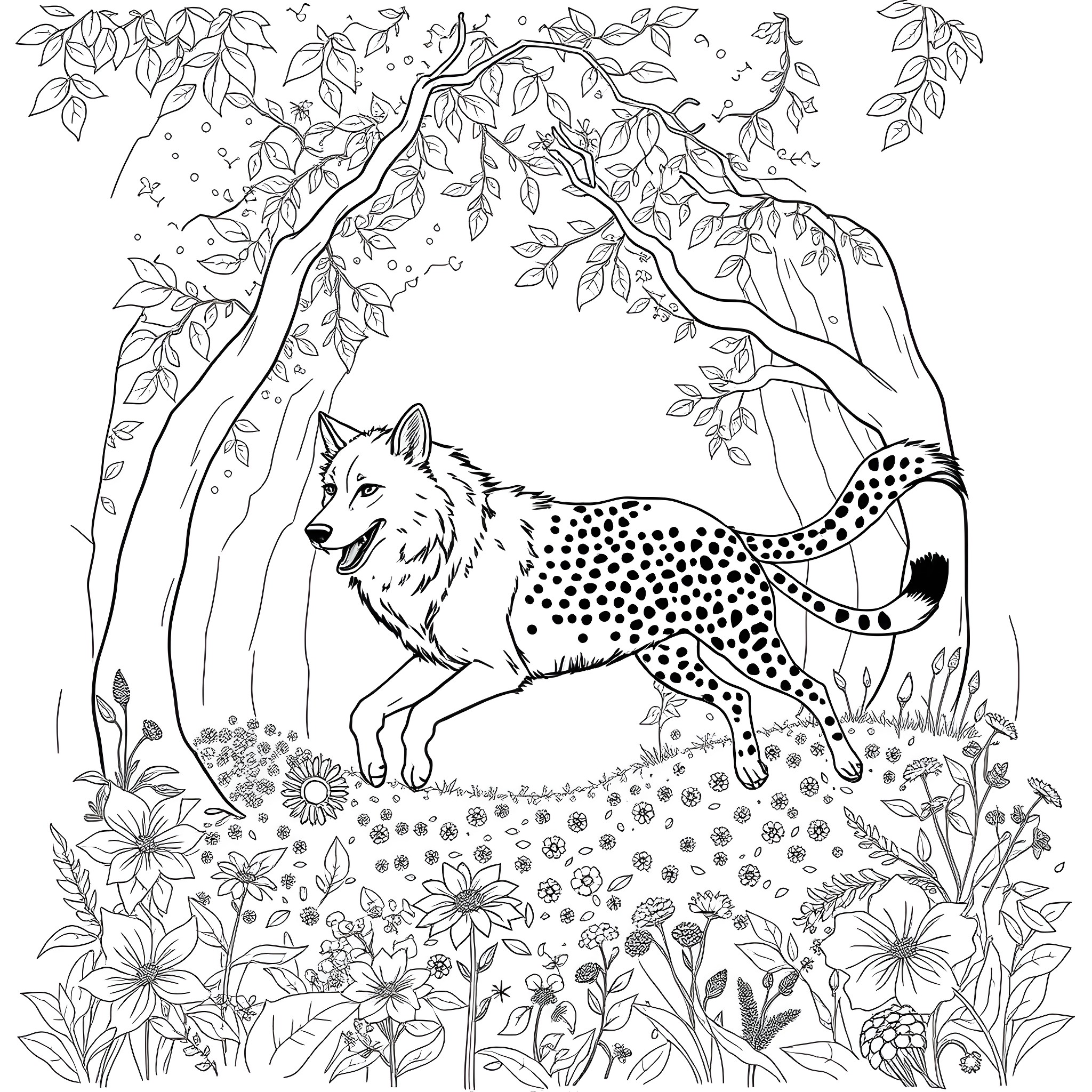 Wolf exploring enchanted forest landscape Coloring Page (free black-and-white line drawing printable PDF for all, from beginners to advanced learners, including children, teens, adults, and seniors)