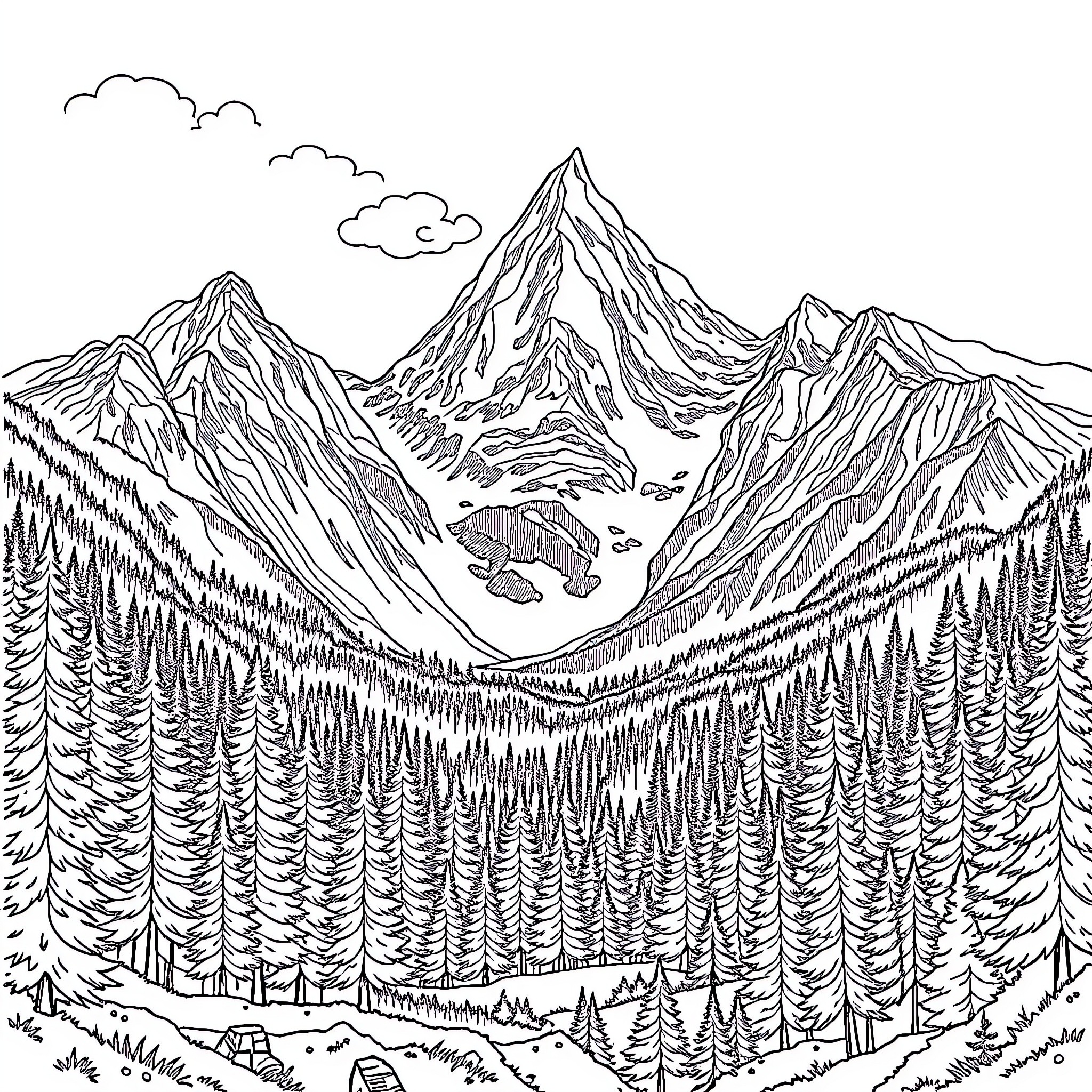 Rocky Winter Wonderland Landscape Coloring Page (free black-and-white line drawing printable PDF for all, from beginners to advanced learners, including children, teens, adults, and seniors)