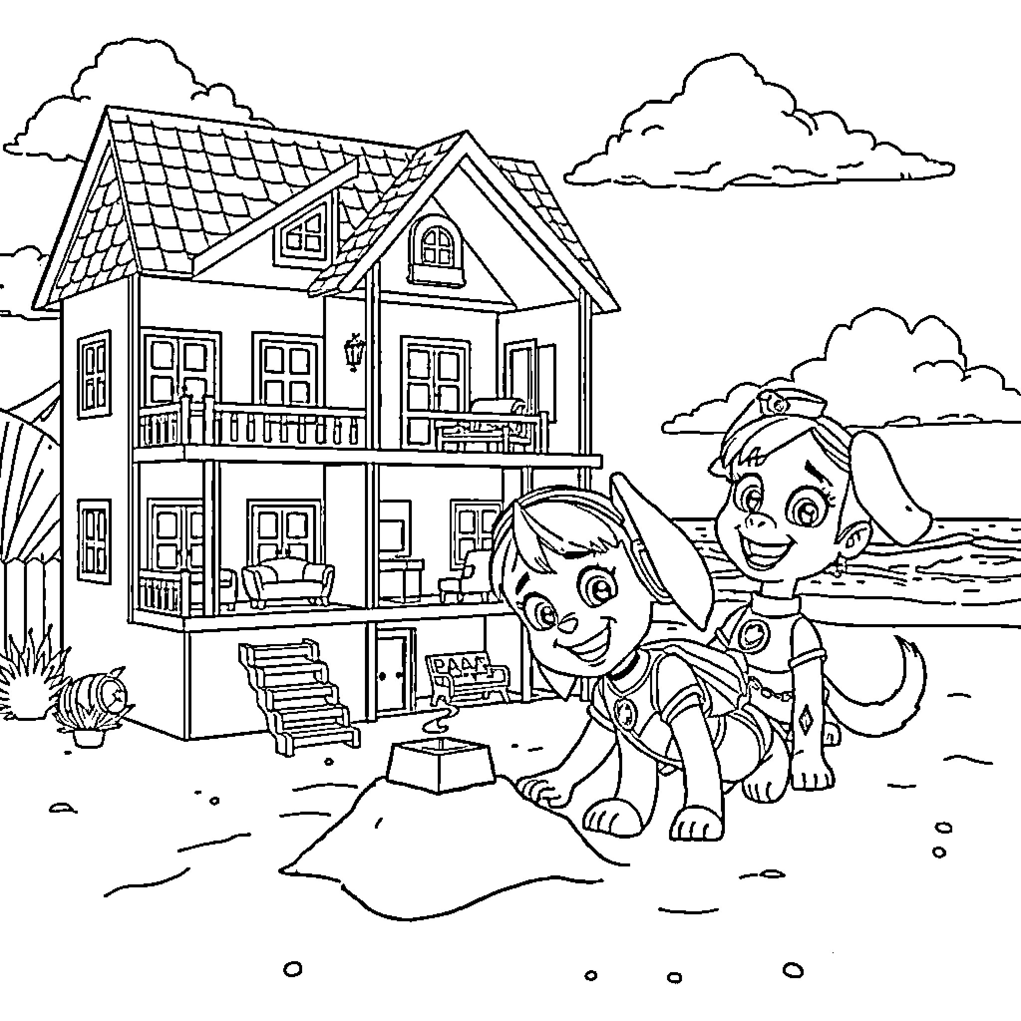 Gabby's Dollhouse: Puppy and house exploration Coloring Page (free black-and-white line drawing printable PDF for all, from beginners to advanced learners, including children, teens, adults, and seniors)