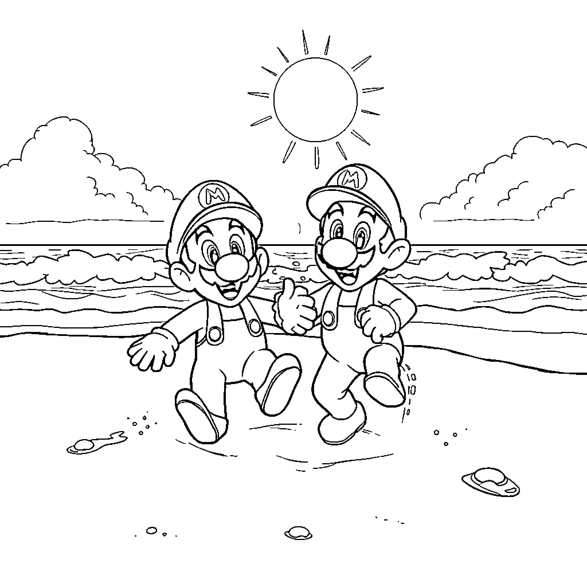 Mario and Luigi enjoying a sunny day at the beach Coloring Page (free black-and-white line drawing printable PDF for all, from beginners to advanced learners, including children, teens, adults, and seniors)