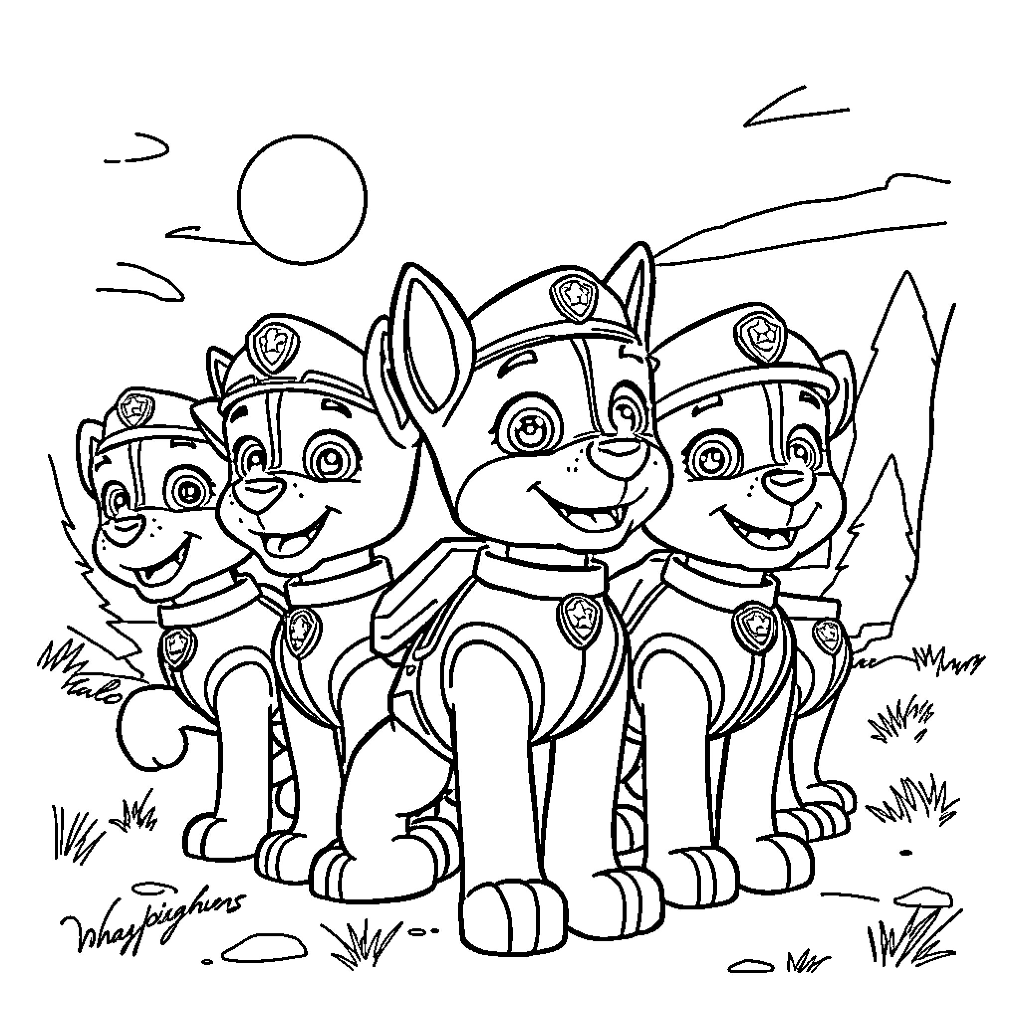 Paw Patrol Heroes in Action Coloring Page (free black-and-white line drawing printable PDF for all, from beginners to advanced learners, including children, teens, adults, and seniors)