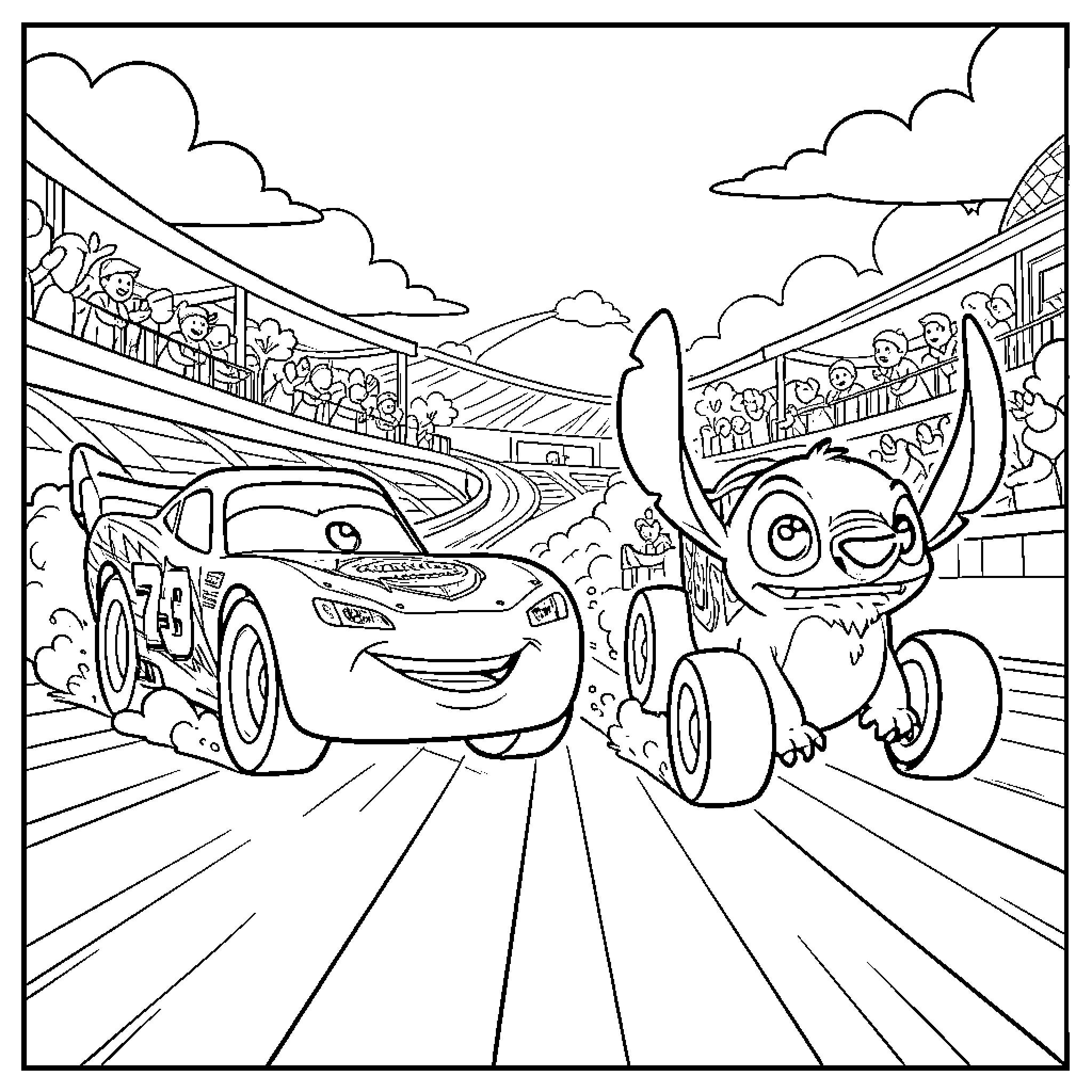 Rayo McQueen and Stitch Racing Down the Track Coloring Page (free black-and-white line drawing printable PDF for all, from beginners to advanced learners, including children, teens, adults, and seniors)