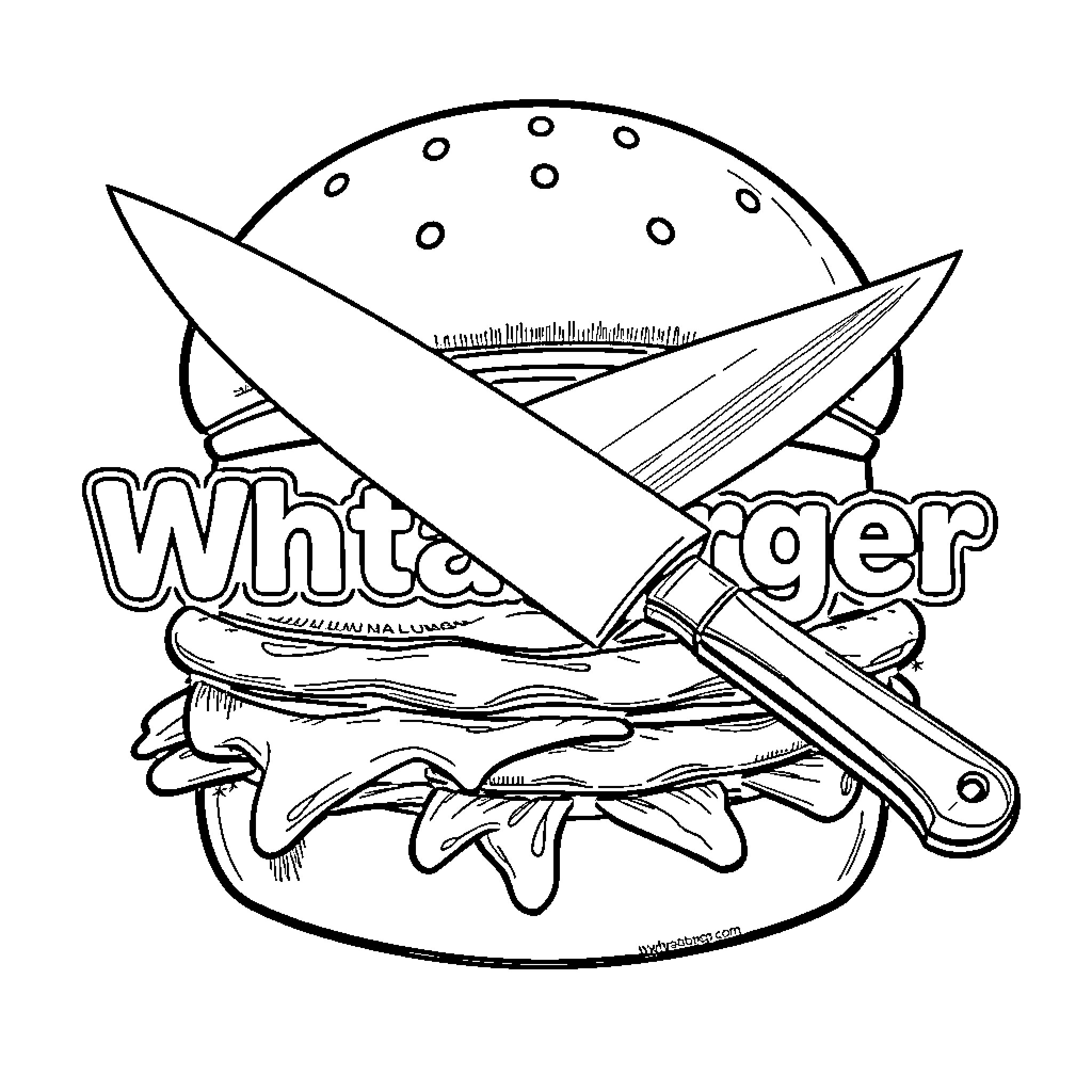 Whataburger with large burger and knife Coloring Page (free black-and-white line drawing printable PDF for all, from beginners to advanced learners, including children, teens, adults, and seniors)