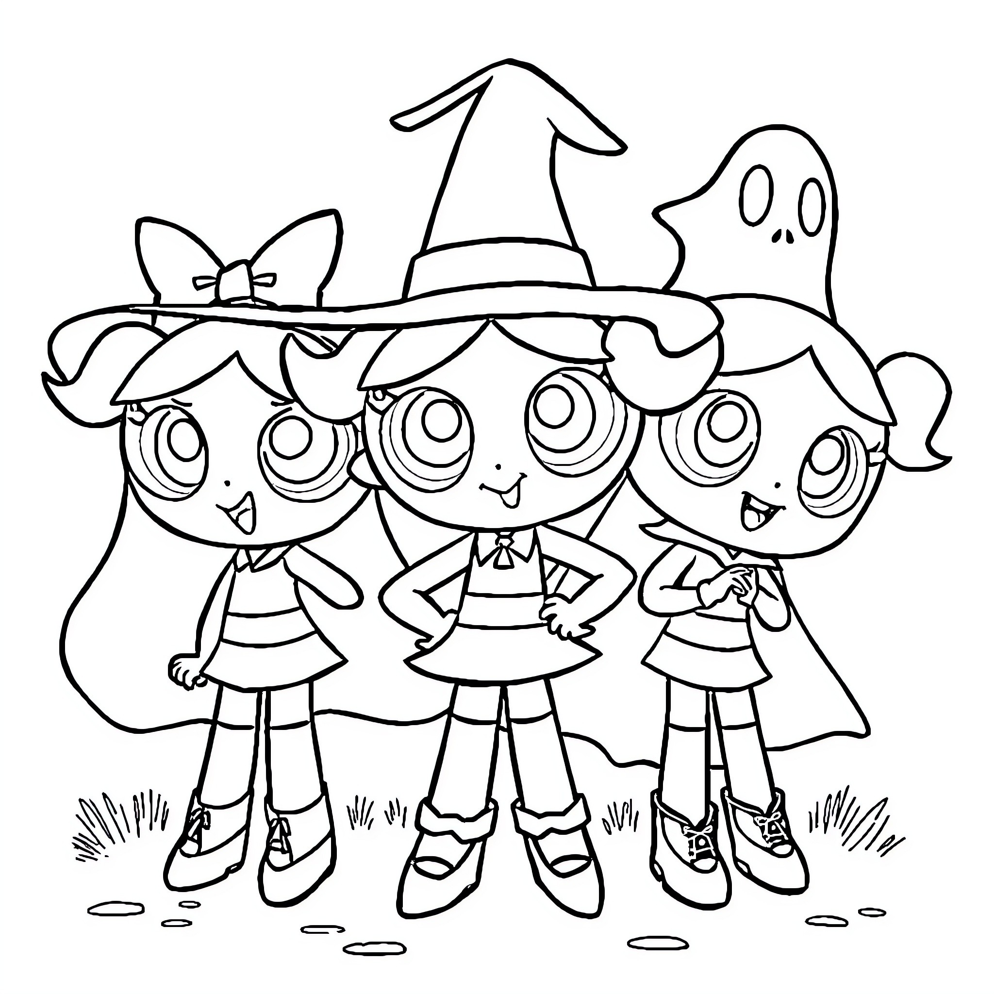 Powerpuff Girls in Halloween Costumes Coloring Page (free black-and-white line drawing printable PDF for all, from beginners to advanced learners, including children, teens, adults, and seniors)