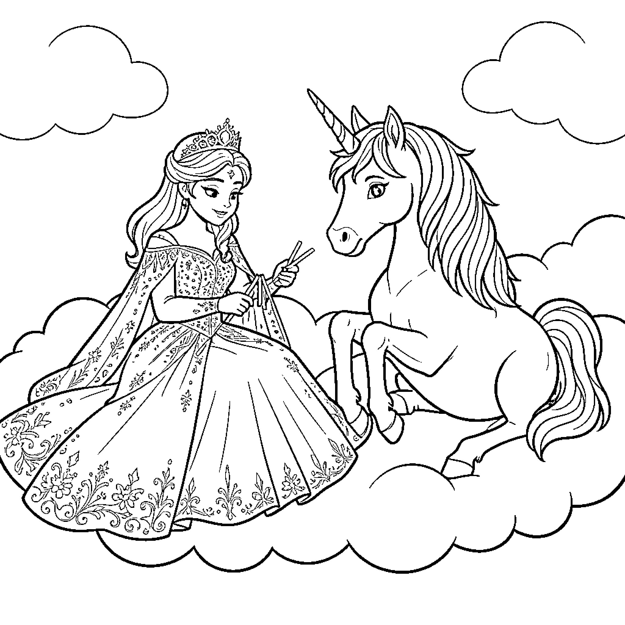 Queen enjoying a magical moment with her unicorn Coloring Page (free black-and-white line drawing printable PDF for all, from beginners to advanced learners, including children, teens, adults, and seniors)