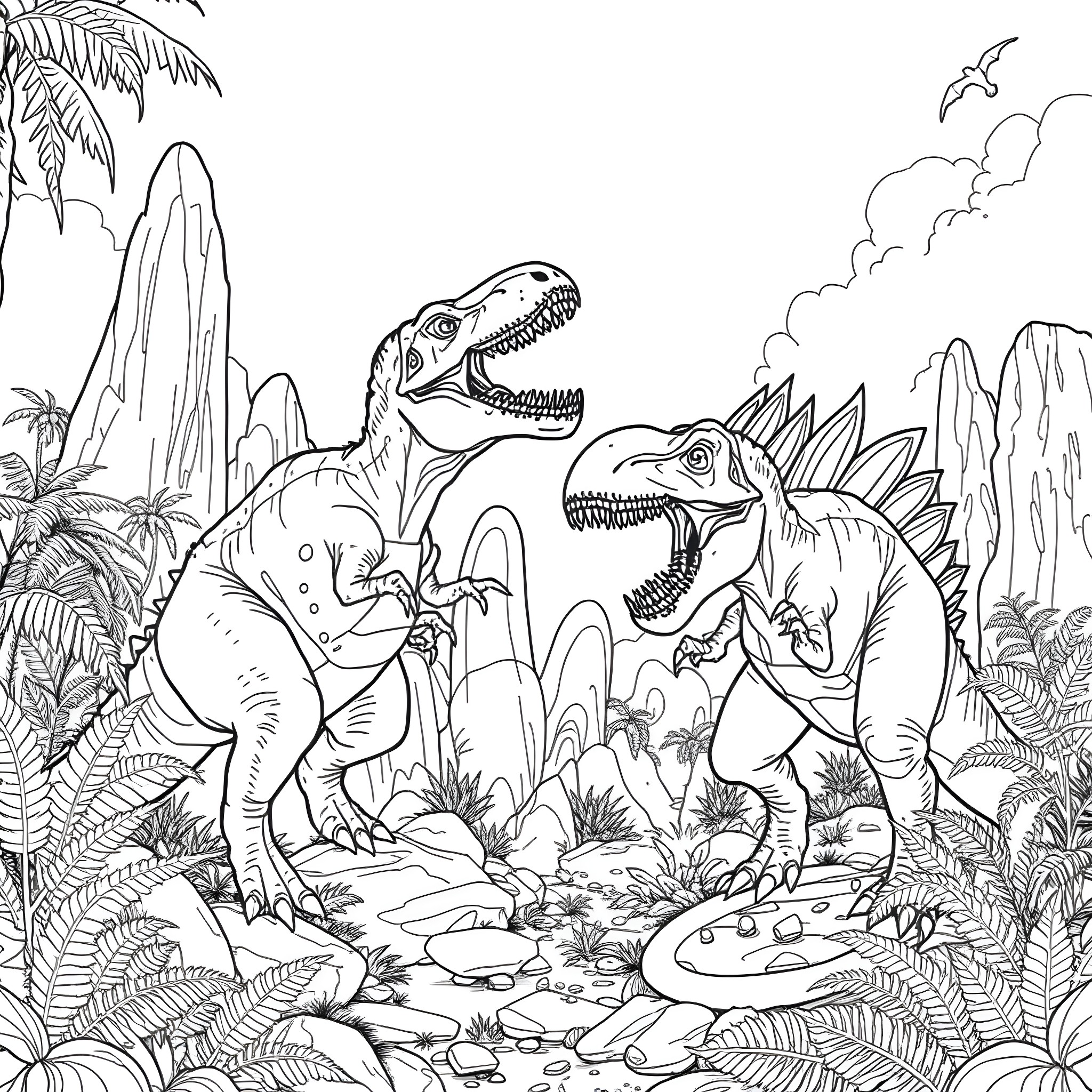 Dinosaurs in Prehistoric Landscape Coloring Page (free black-and-white line drawing printable PDF for all, from beginners to advanced learners, including children, teens, adults, and seniors)