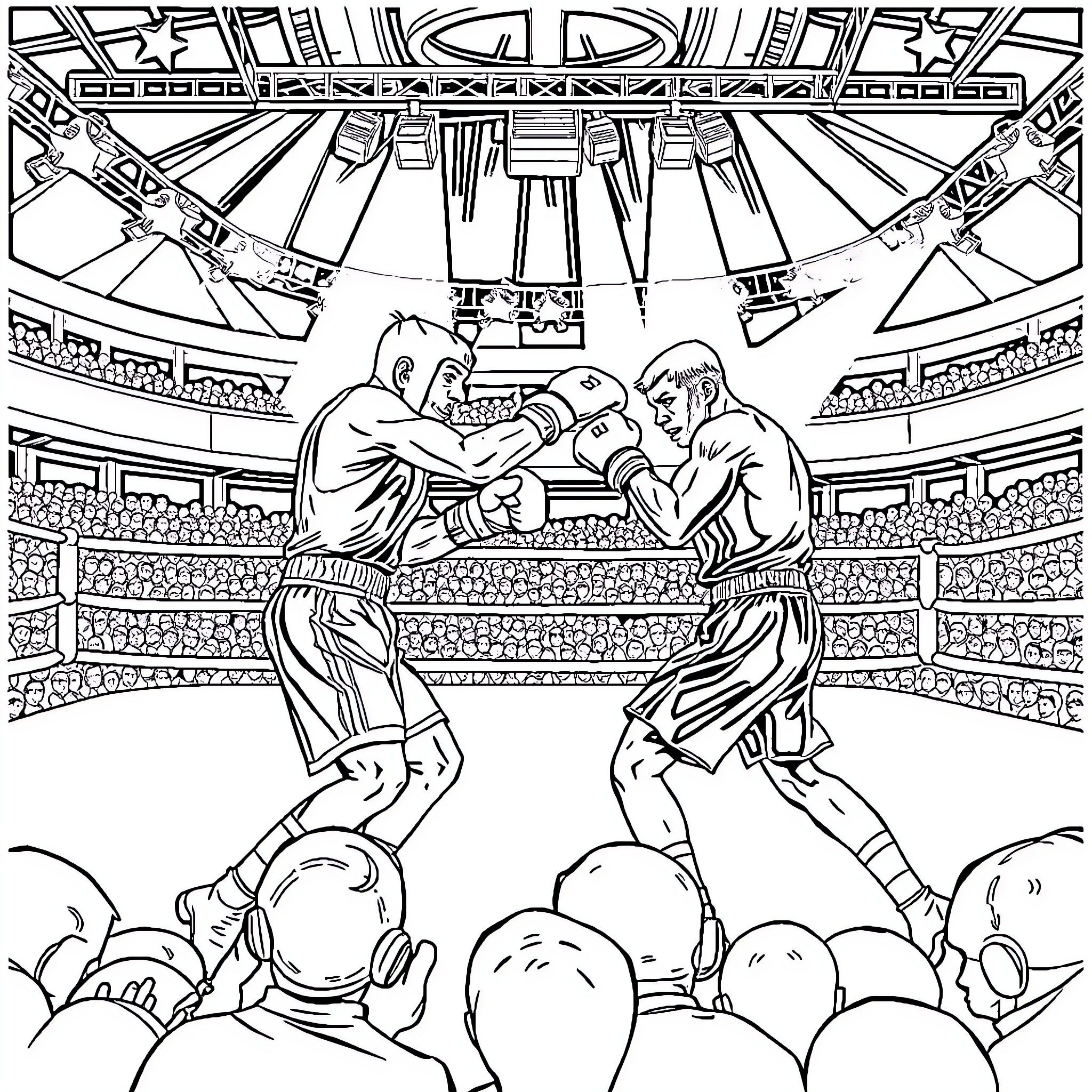 Boxing match in a historic arena Coloring Page (free black-and-white line drawing printable PDF for all, from beginners to advanced learners, including children, teens, adults, and seniors)