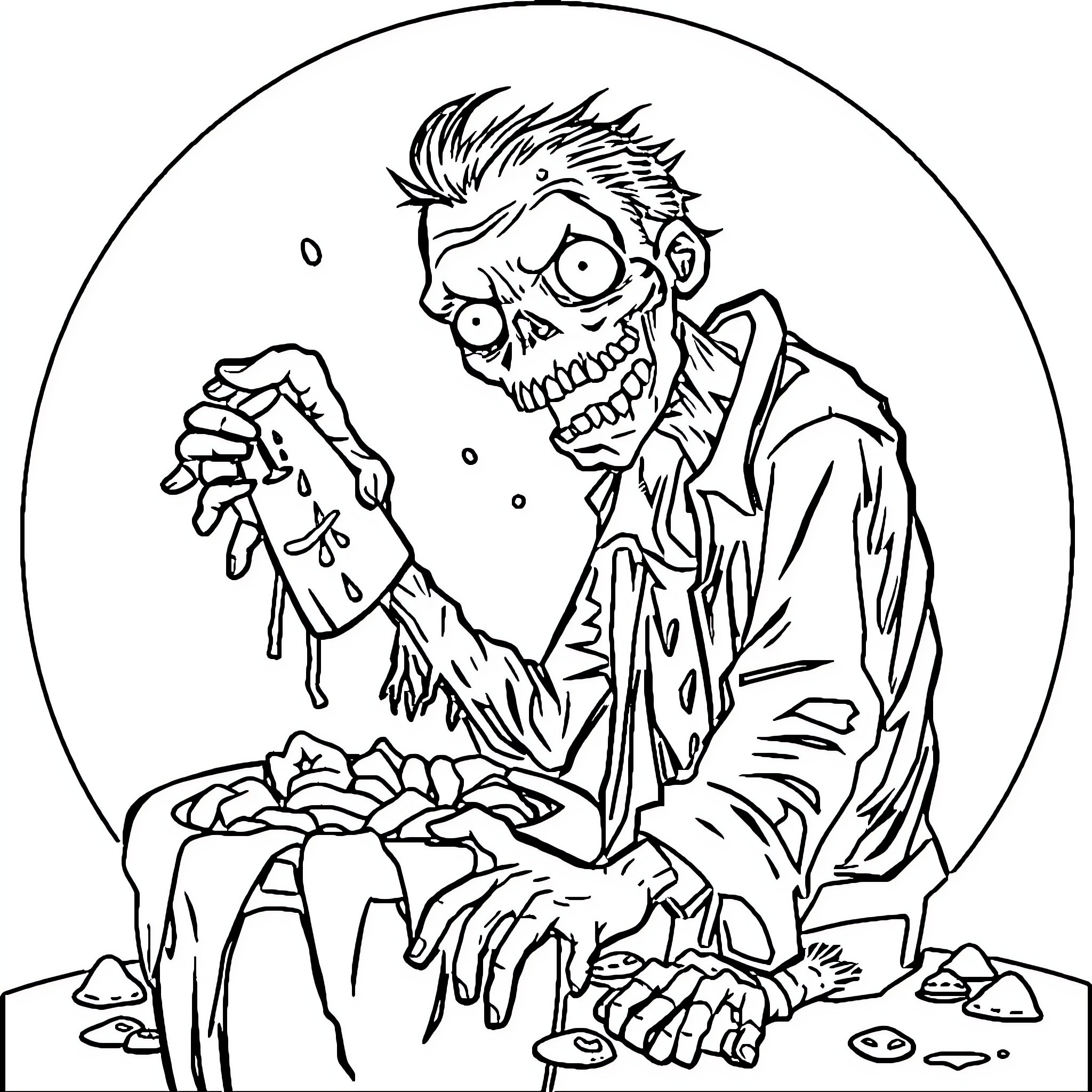 Zombie man making menacing gesture with gruesome expression Coloring Page (free black-and-white line drawing printable PDF for all, from beginners to advanced learners, including children, teens, adults, and seniors)