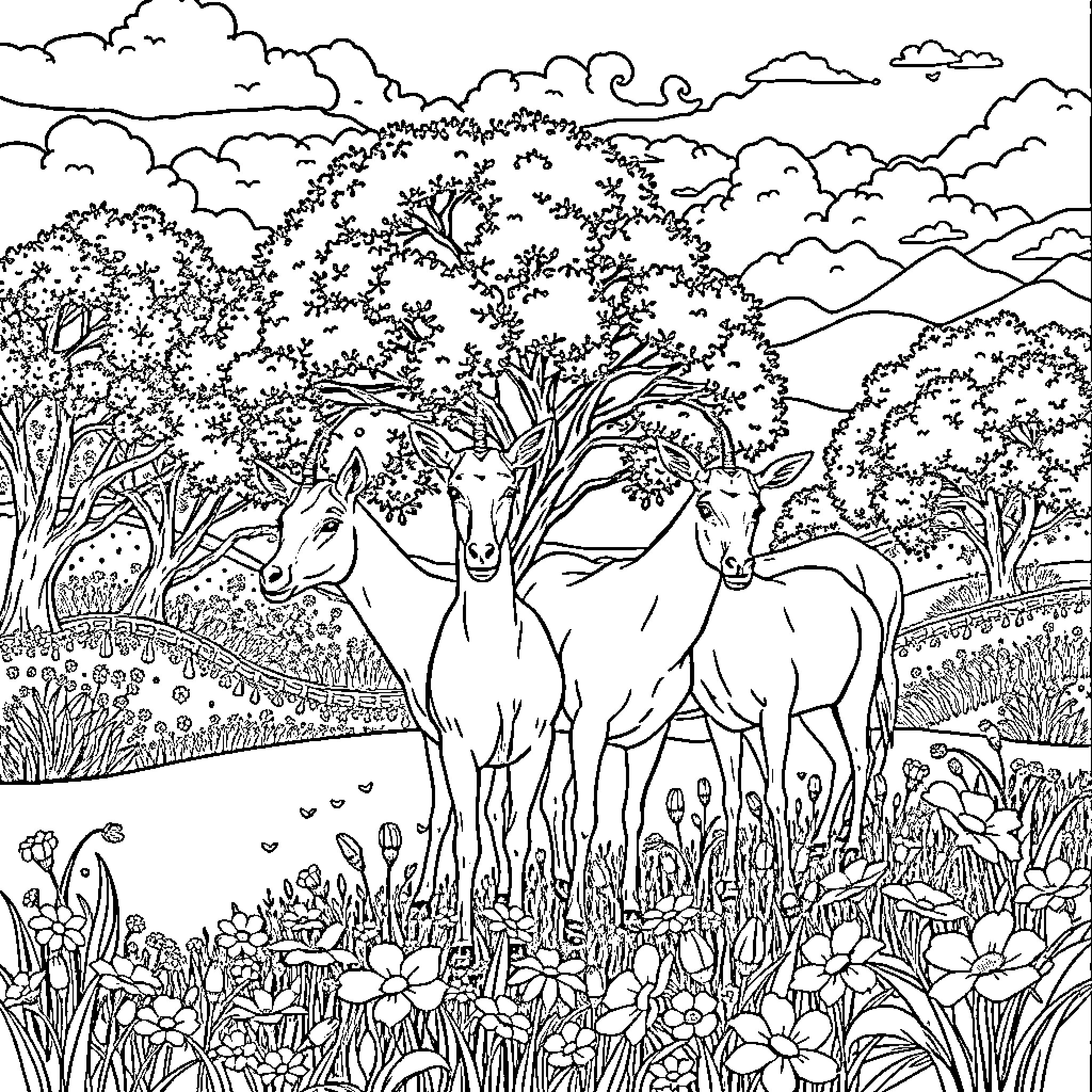 Deer frolicking in a lush, natural landscape Coloring Page (free black-and-white line drawing printable PDF for all, from beginners to advanced learners, including children, teens, adults, and seniors)