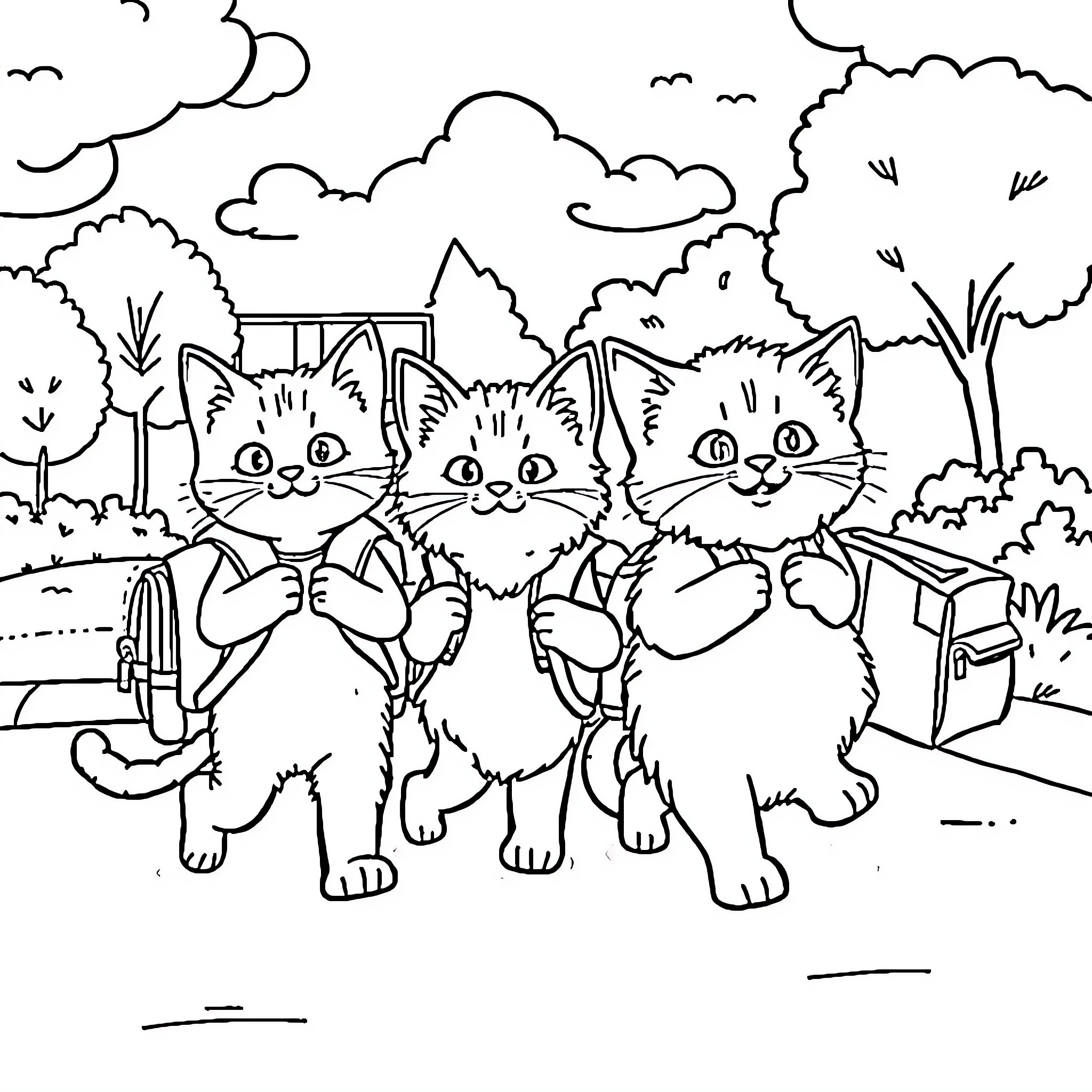 Kitty Cats on a Sunny Day Coloring Page (free black-and-white line drawing printable PDF for all, from beginners to advanced learners, including children, teens, adults, and seniors)
