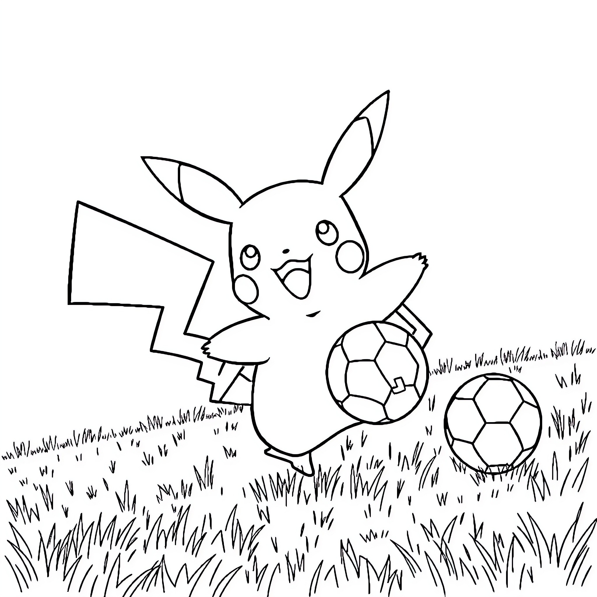 Pikachu playing with soccer balls in the field Coloring Page (free black-and-white line drawing printable PDF for all, from beginners to advanced learners, including children, teens, adults, and seniors)