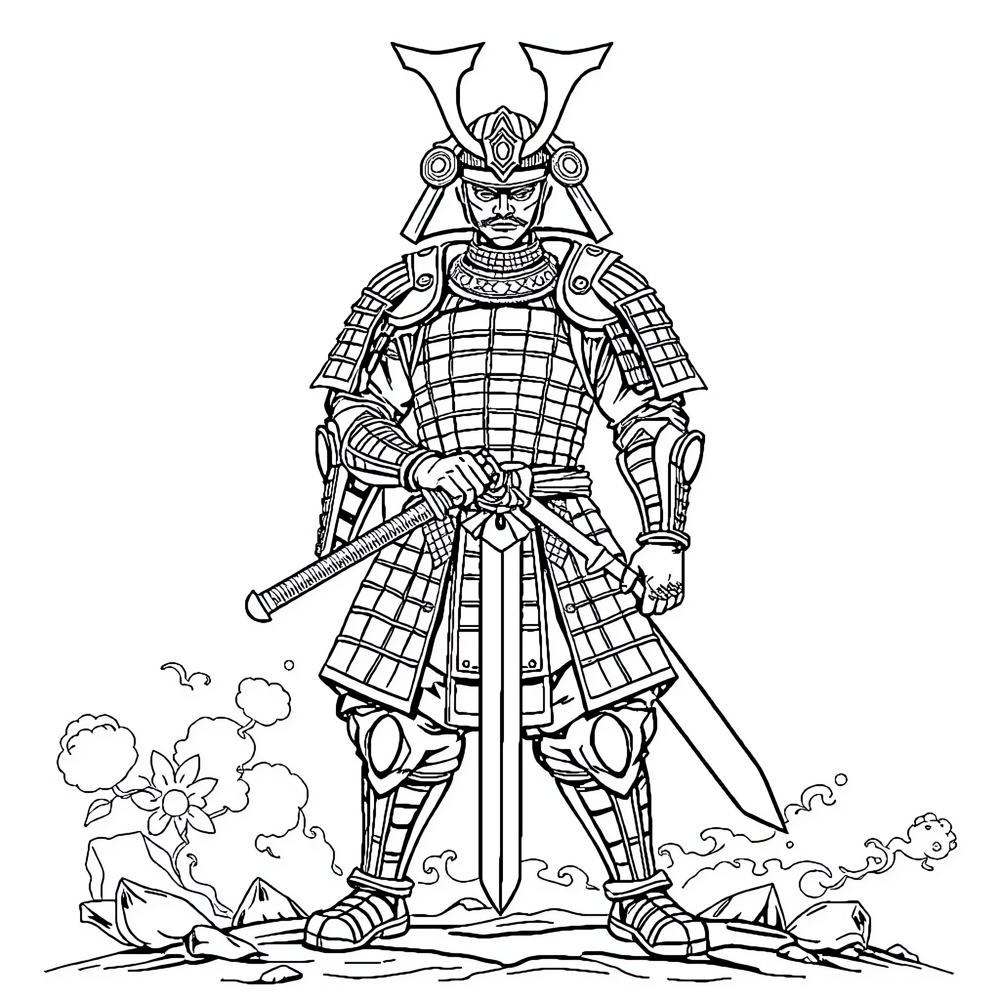 Samurai Warrior in Defensive Stance Coloring Page (free black-and-white line drawing printable PDF for all, from beginners to advanced learners, including children, teens, adults, and seniors)