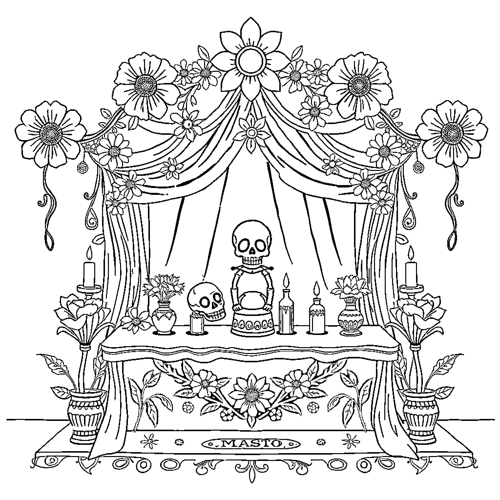 Dia de Muertos ceremonial altar with flowers and decorations Coloring Page (free black-and-white line drawing printable PDF for all, from beginners to advanced learners, including children, teens, adults, and seniors)