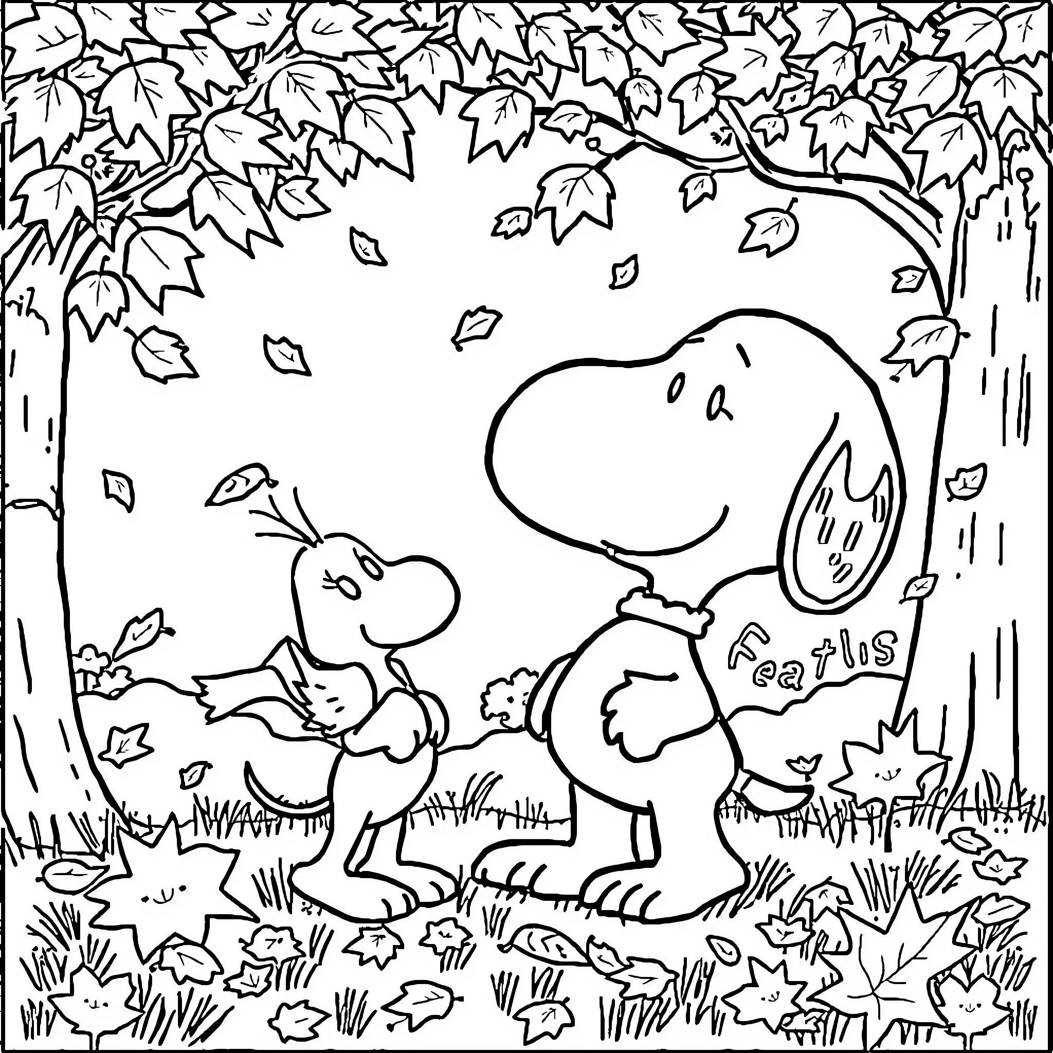 Snoopy enjoying the autumn leaves Coloring Page (free black-and-white line drawing printable PDF for all, from beginners to advanced learners, including children, teens, adults, and seniors)