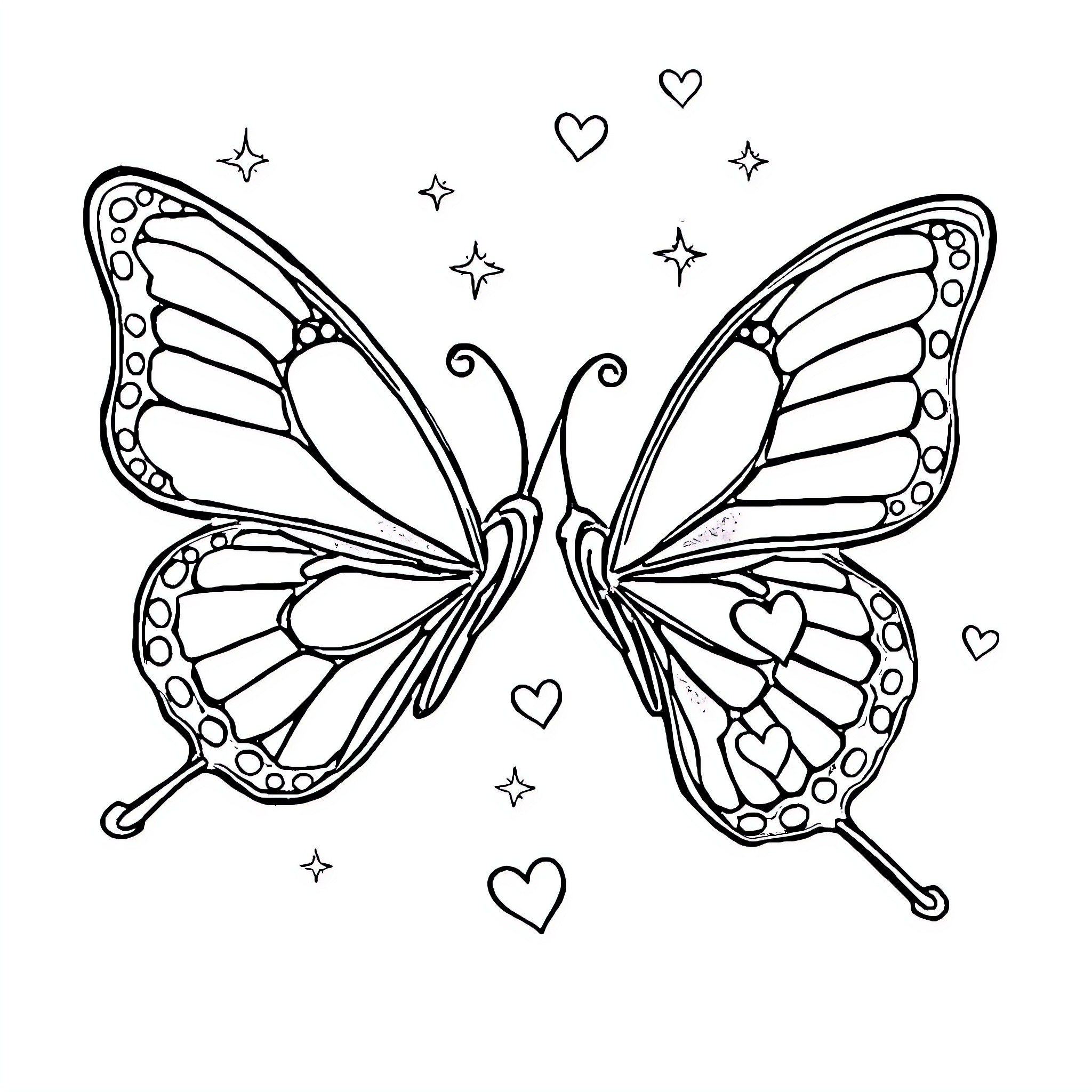 Butterfly surrounded by hearts and stars Coloring Page (free black-and-white line drawing printable PDF for all, from beginners to advanced learners, including children, teens, adults, and seniors)