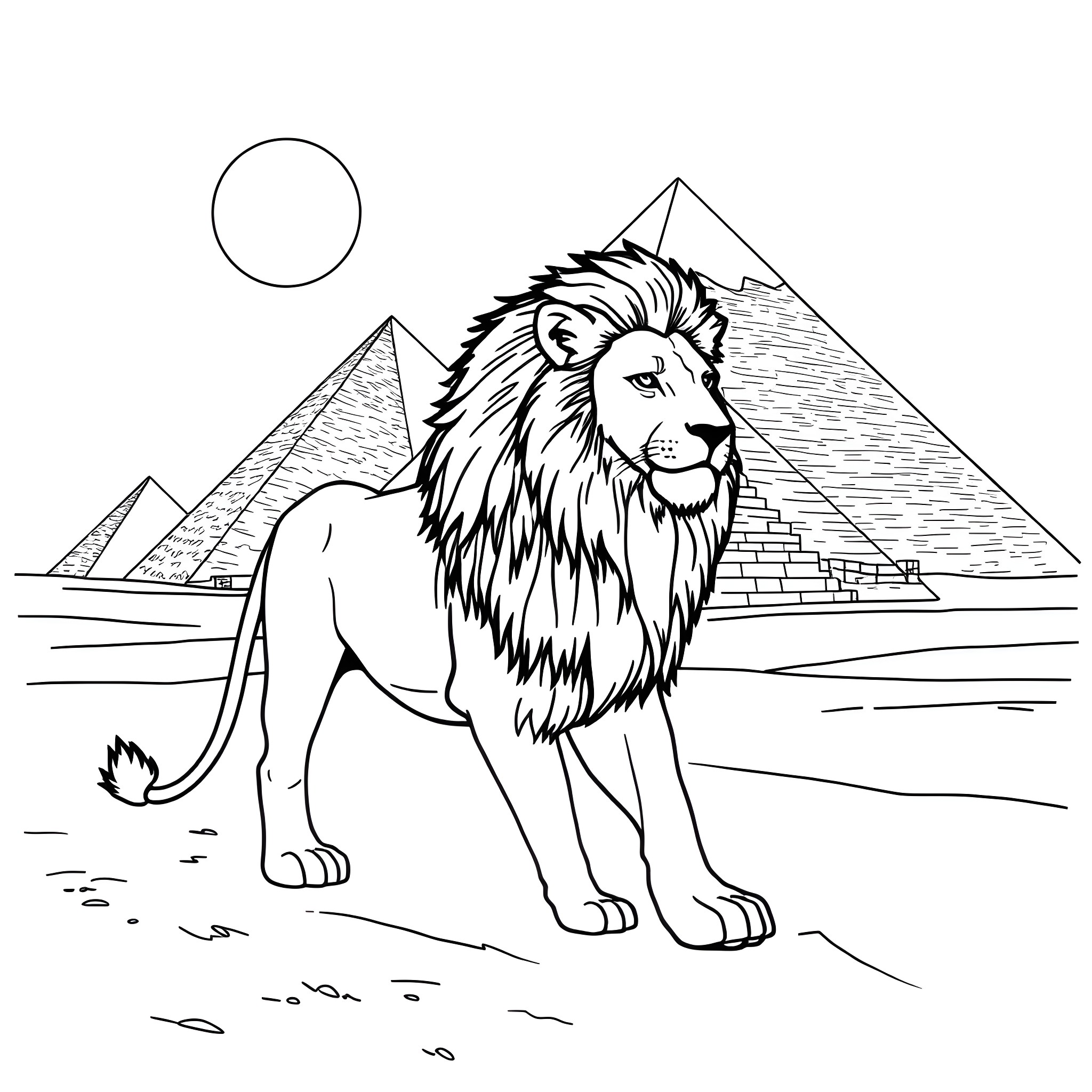 Lion standing majestic near ancient Egyptian pyramids Coloring Page (free black-and-white line drawing printable PDF for all, from beginners to advanced learners, including children, teens, adults, and seniors)