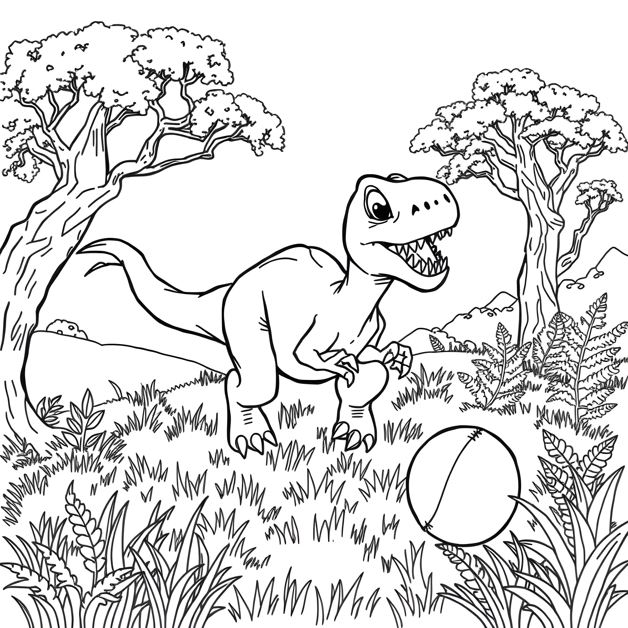 Dinosaur exploring the lush jungle landscape Coloring Page (free black-and-white line drawing printable PDF for all, from beginners to advanced learners, including children, teens, adults, and seniors)