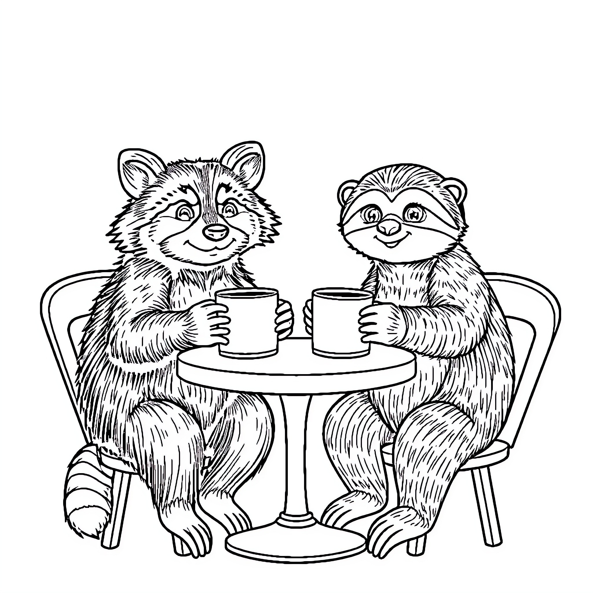 Raccoons enjoying a cozy drink together Coloring Page (free black-and-white line drawing printable PDF for all, from beginners to advanced learners, including children, teens, adults, and seniors)