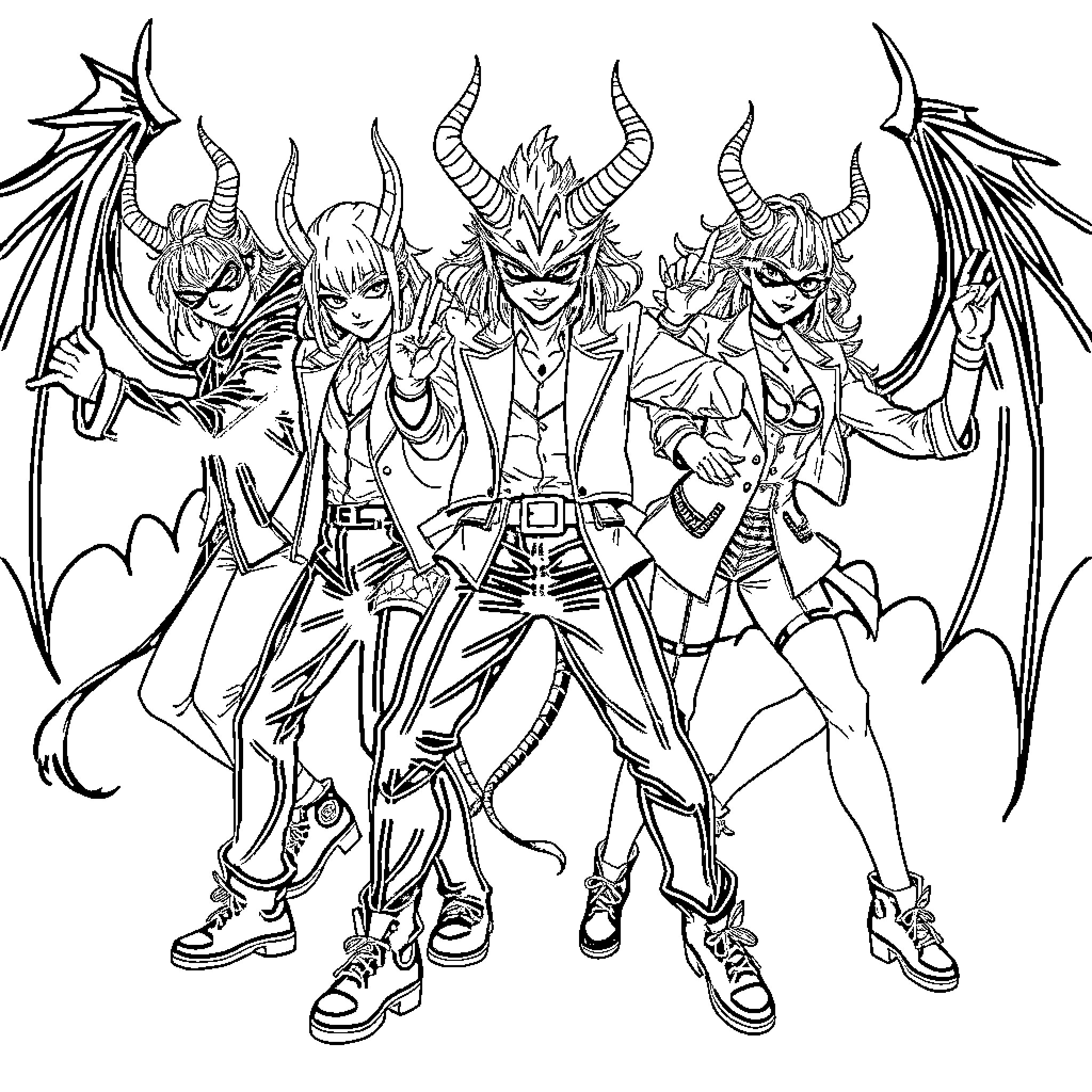 Labubu's Fantastical Crew - Demons, Dragons, and Daring Exploits Coloring Page (free black-and-white line drawing printable PDF for all, from beginners to advanced learners, including children, teens, adults, and seniors)