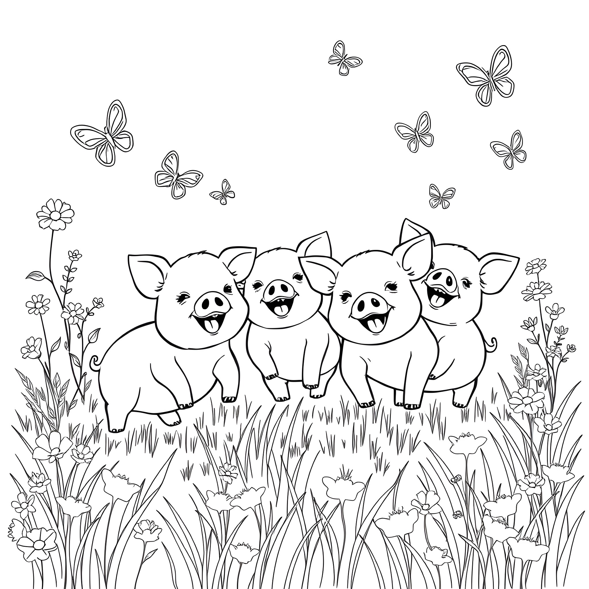 Piglet companions playing in the grassy field Coloring Page (free black-and-white line drawing printable PDF for all, from beginners to advanced learners, including children, teens, adults, and seniors)